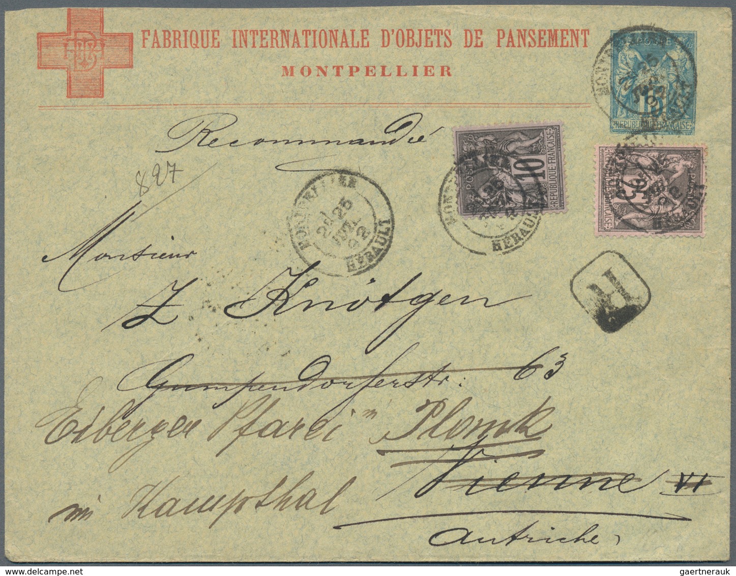 Frankreich - Ganzsachen: 1892. Private Envelope 15c Sage "[red Cross] Fabrique Internationale D'Obje - Sonstige & Ohne Zuordnung