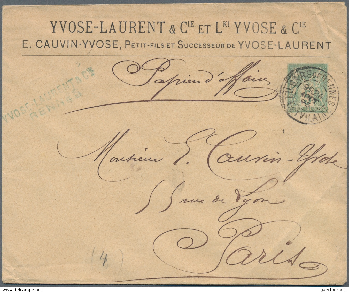 Frankreich - Ganzsachen: 1893. Private Envelope 5c Sage "Yvose Laurent". Used. Slight Corner Crease. - Sonstige & Ohne Zuordnung