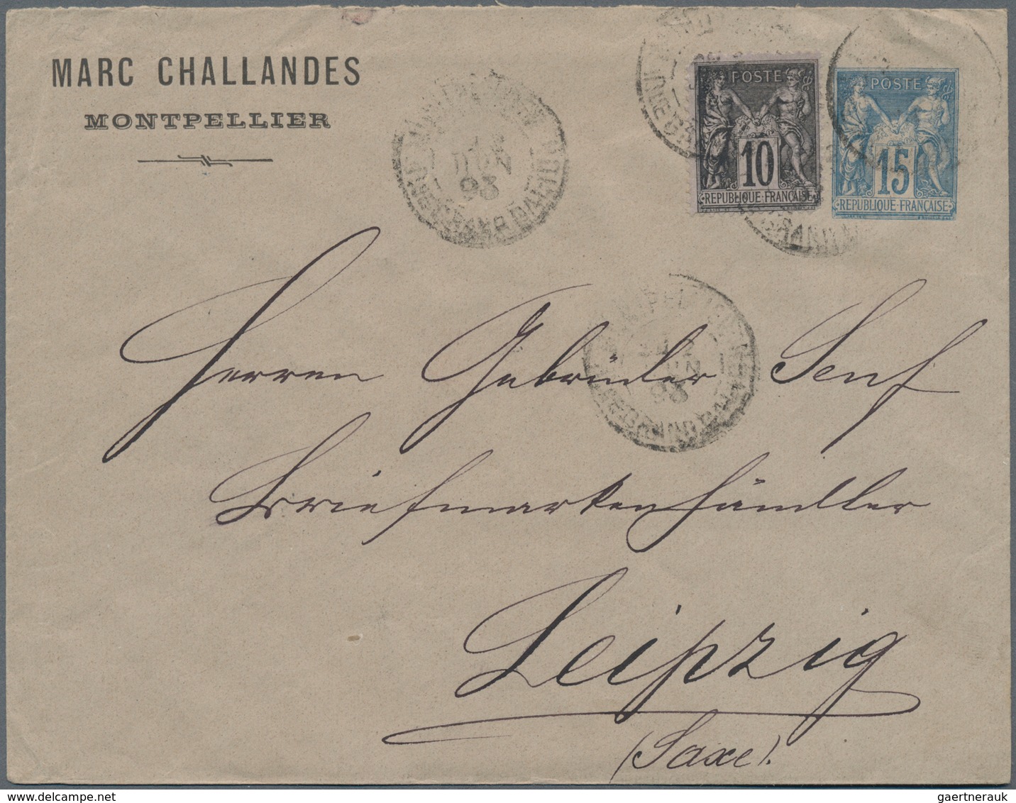 Frankreich - Ganzsachen: 1893. Private Envelope 15c Sage "Marc Challanders, Montpellier". Used With - Sonstige & Ohne Zuordnung