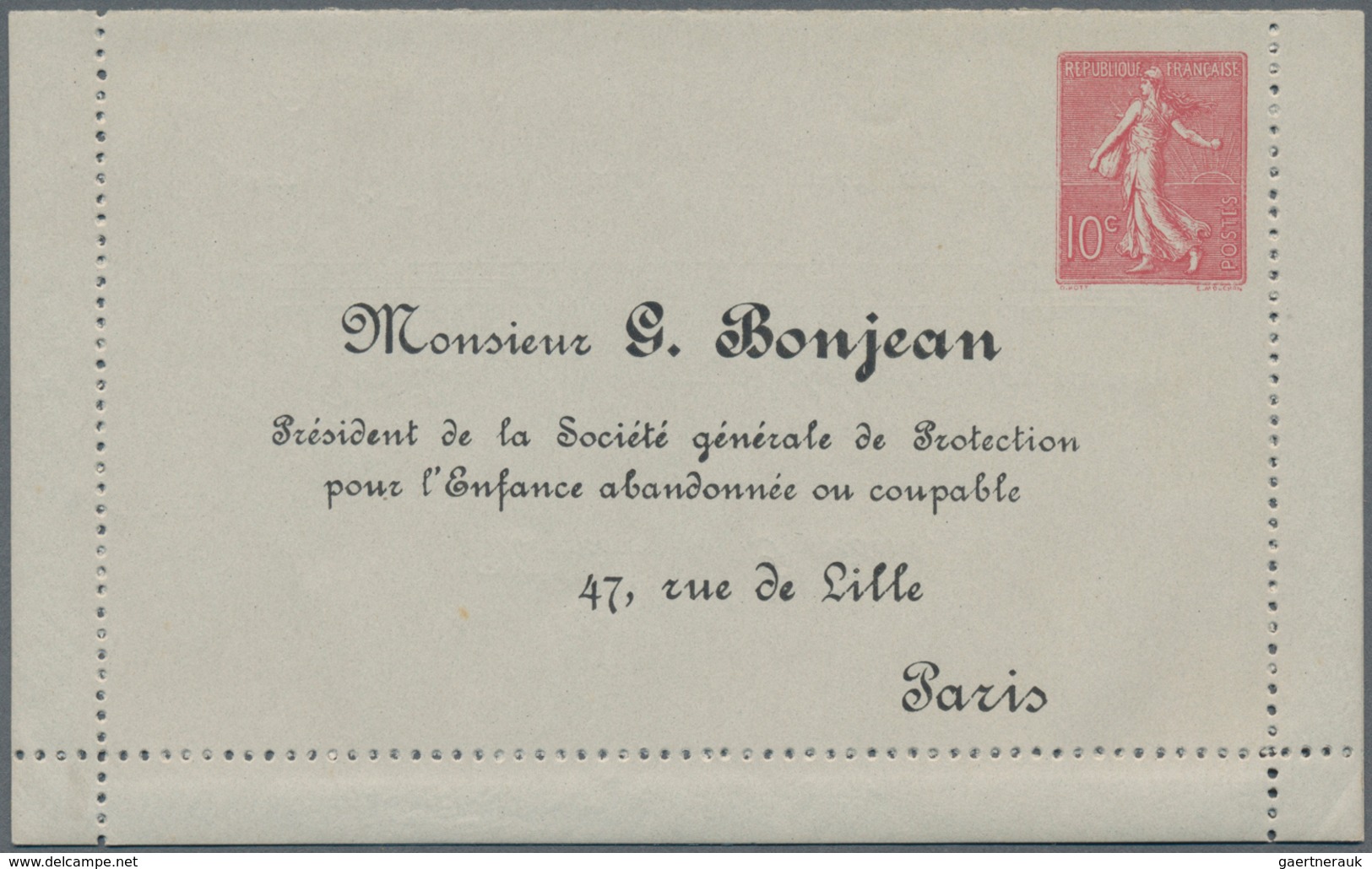 Frankreich - Ganzsachen: 1900s (approx). Letter Card 10c Semeuse Lignée "G. Bonjean, Paris". Unused. - Other & Unclassified