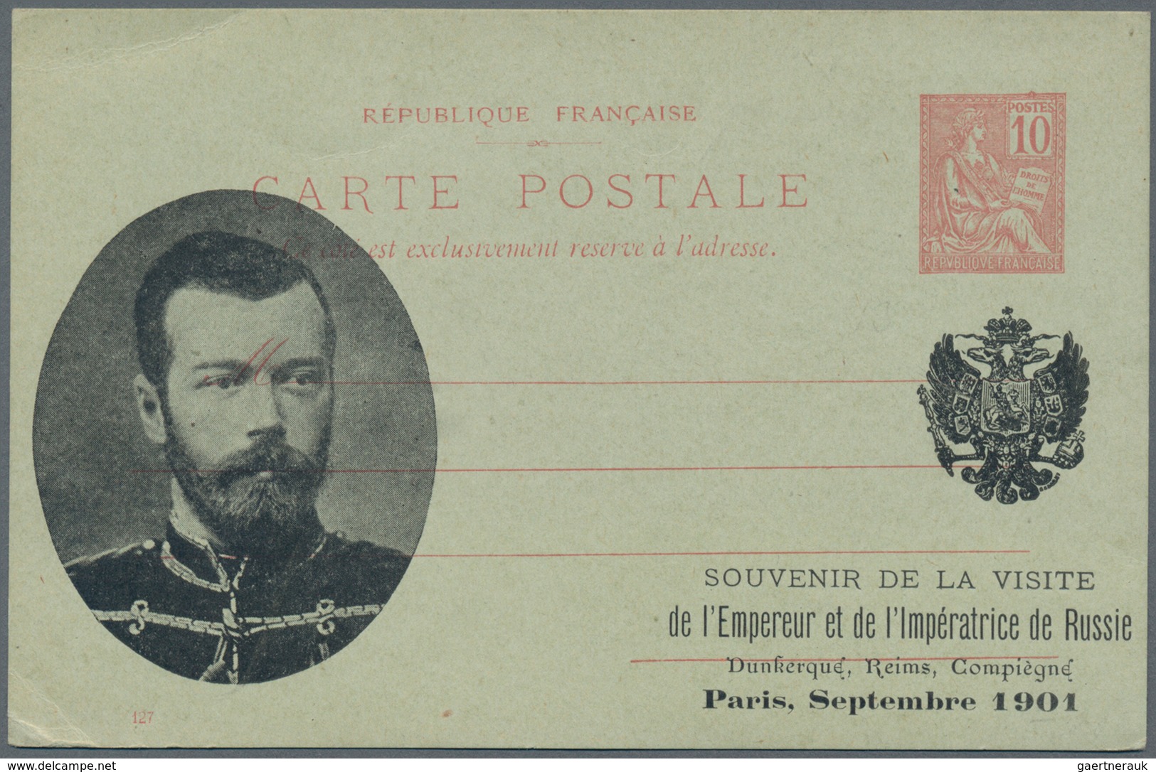 Frankreich - Ganzsachen: 1901. Postcard 10c Mouchon "Visite Du Tsar". Unused. Small Corner Crease. - Sonstige & Ohne Zuordnung