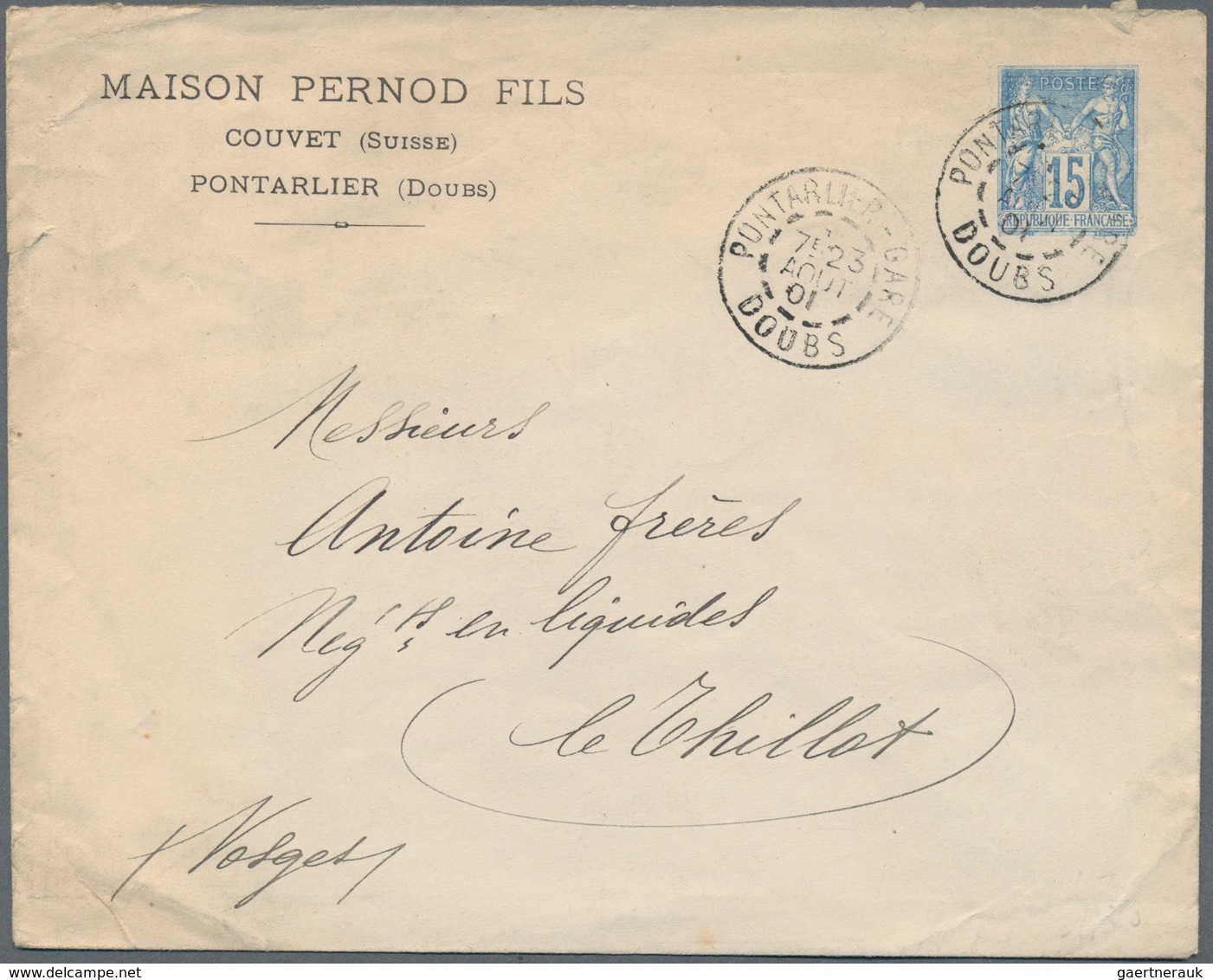 Frankreich - Ganzsachen: 1901. Private Envelope 15c Sage "Maison Pernod Fils, Pontarlier". Used "Pon - Sonstige & Ohne Zuordnung