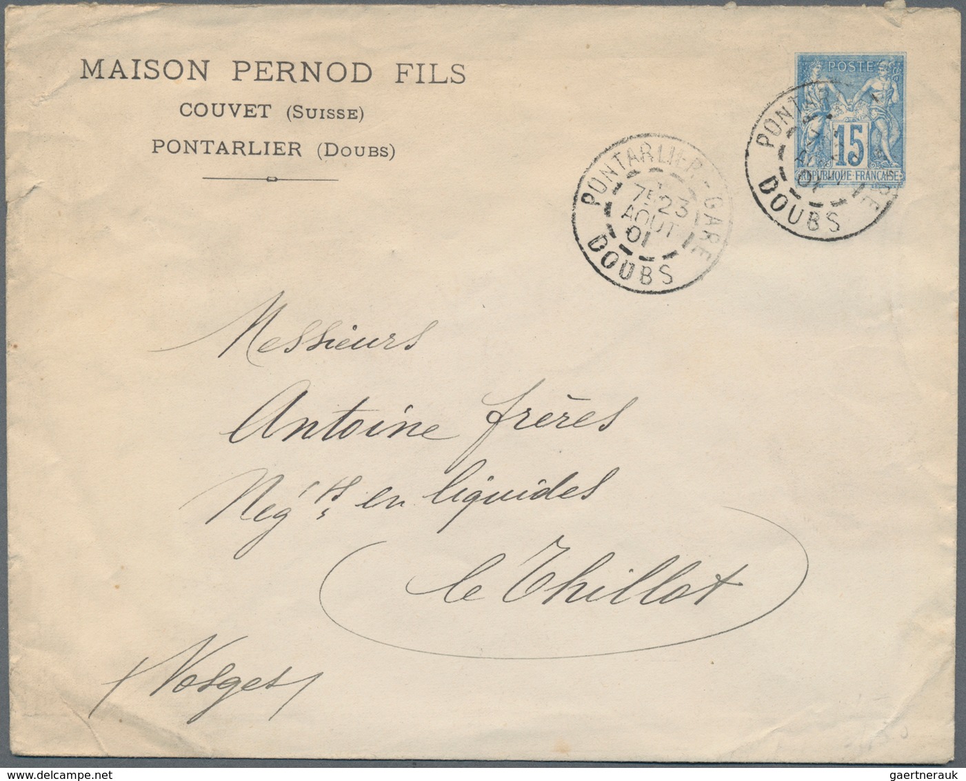 Frankreich - Ganzsachen: 1901. Private Envelope 15c Sage "Maison Pernod Fils, Pontarlier". Used "Pon - Other & Unclassified