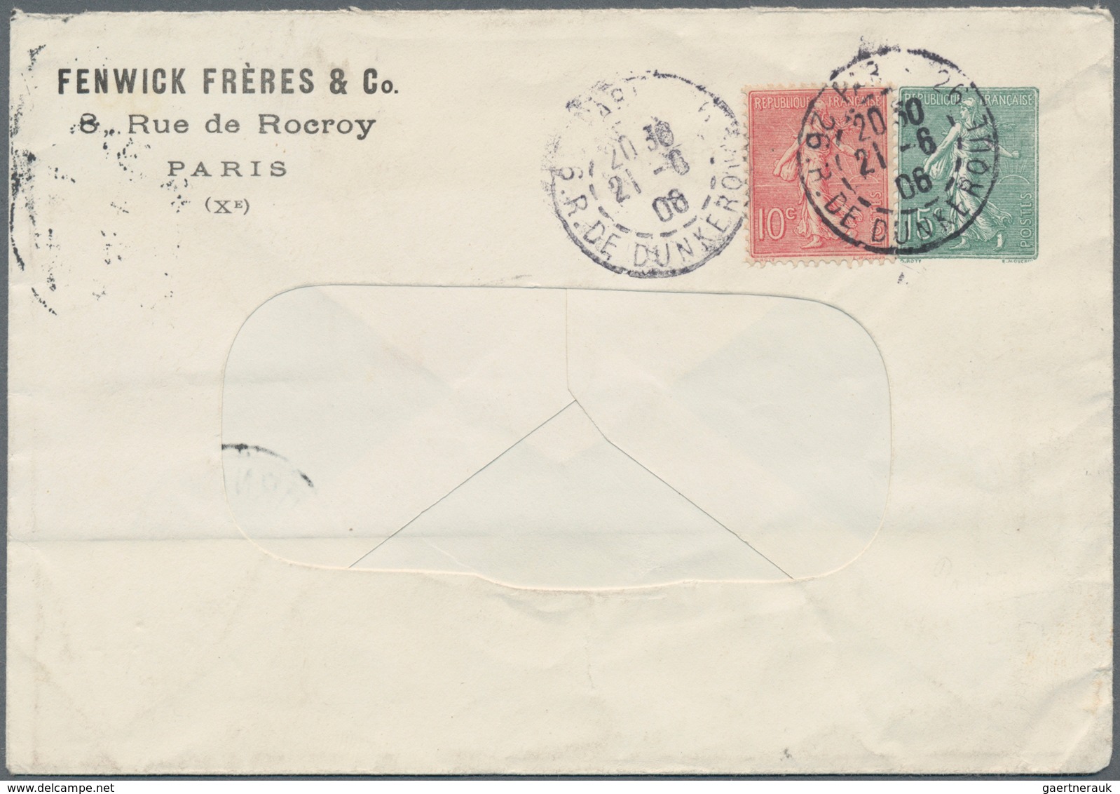 Frankreich - Ganzsachen: 1906. Private Window Envelope 15c Semeuse Lignée "Fenwick Frères & Co, Pari - Sonstige & Ohne Zuordnung