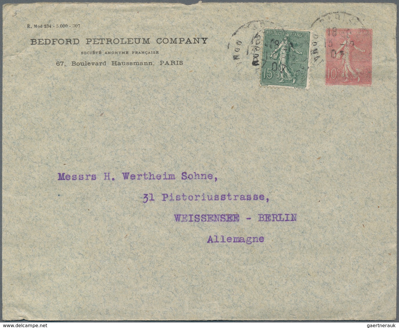 Frankreich - Ganzsachen: 1907. Private Envelope 10c Semeuse Lignée "Bedford Petroleum Company, Paris - Other & Unclassified