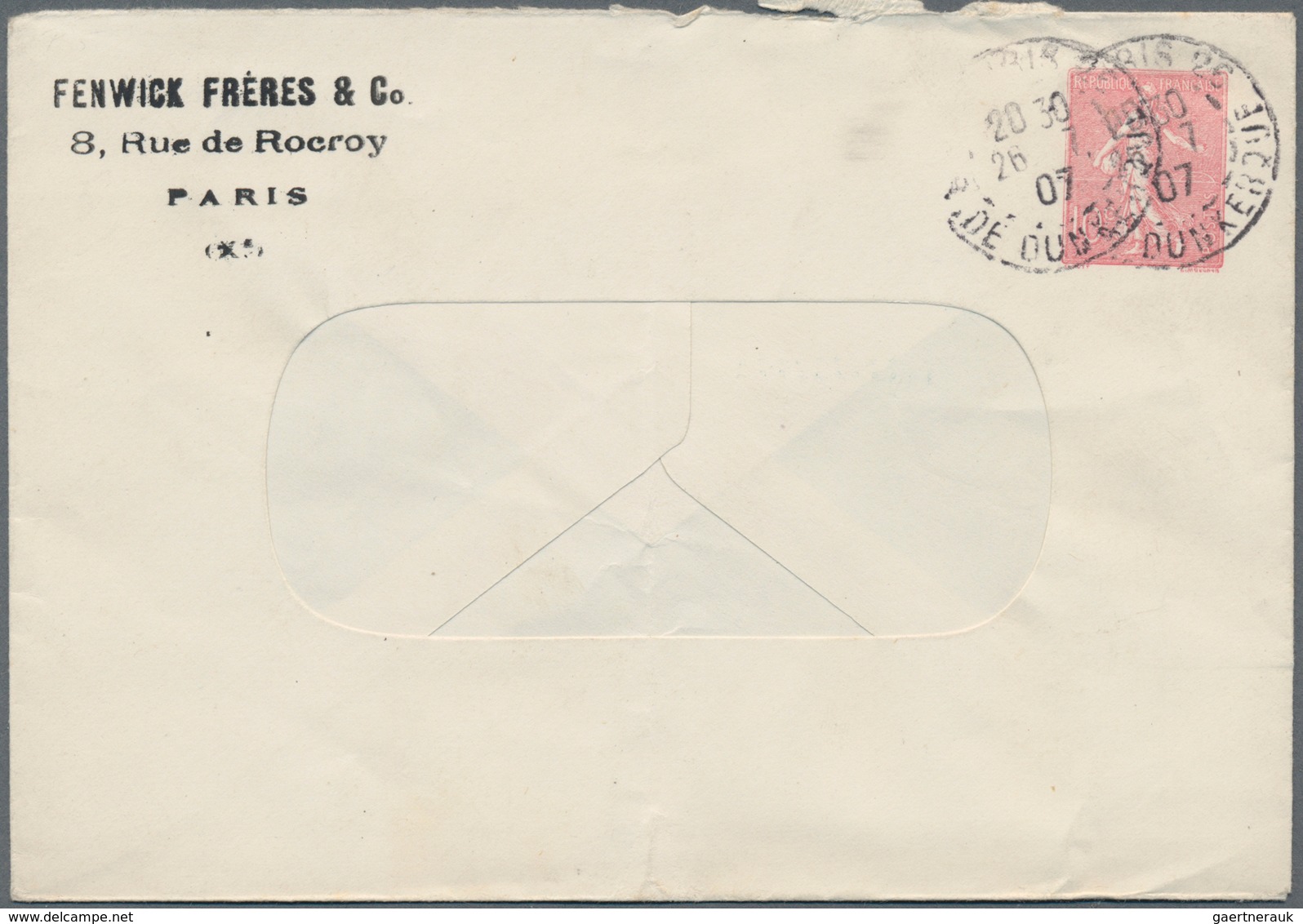 Frankreich - Ganzsachen: 1907. Private Window Envelope 10c Semeuse Lignée "Fenwick Frères & Co, Pari - Other & Unclassified