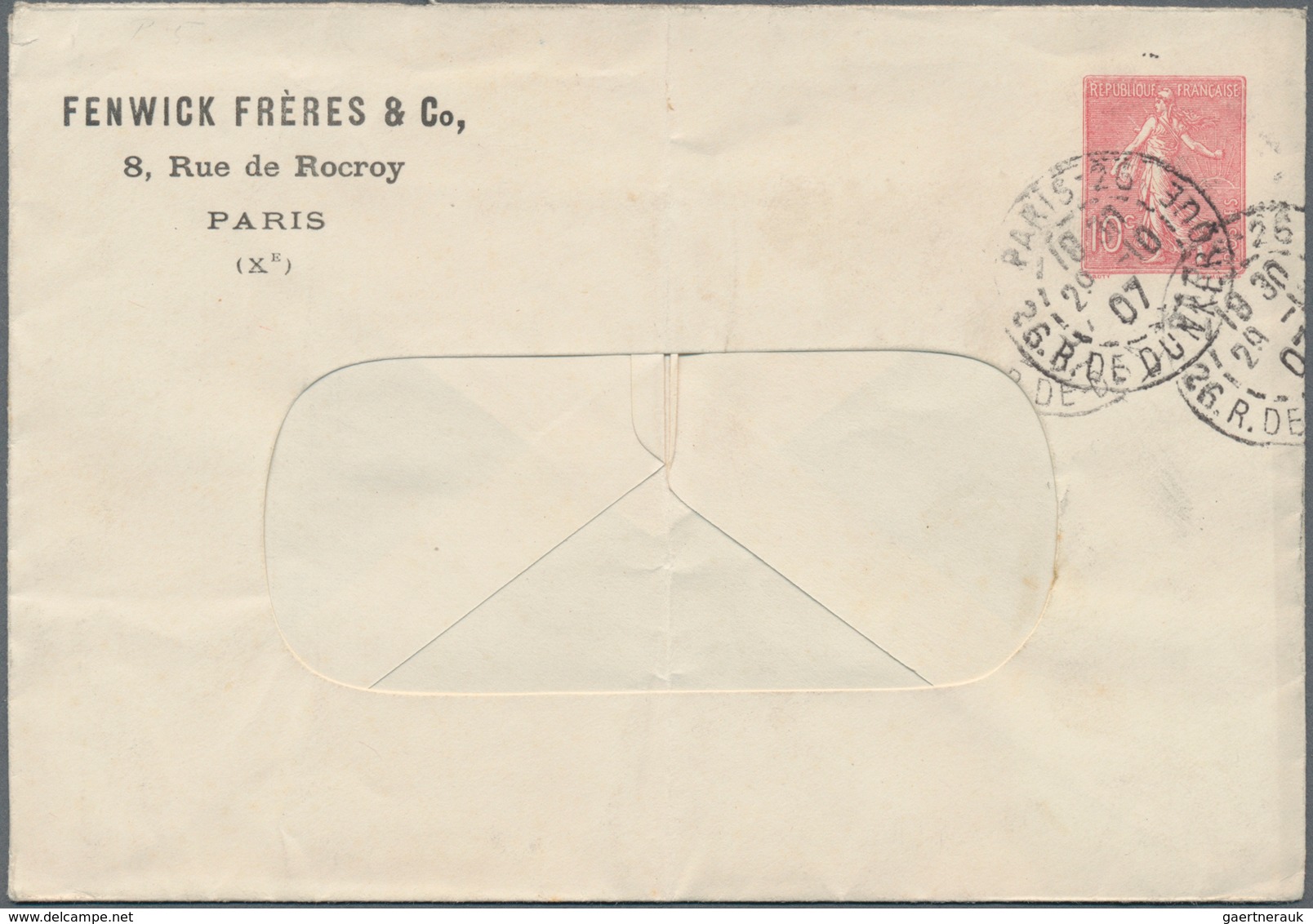 Frankreich - Ganzsachen: 1907. Private Window Envelope 10c Semeuse Lignée "Fenwick Frères & Co, Pari - Sonstige & Ohne Zuordnung