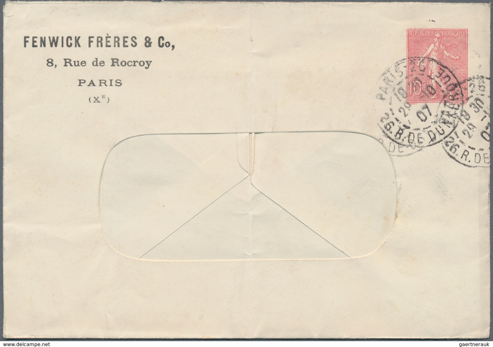 Frankreich - Ganzsachen: 1907. Private Window Envelope 10c Semeuse Lignée "Fenwick Frères & Co, Pari - Other & Unclassified