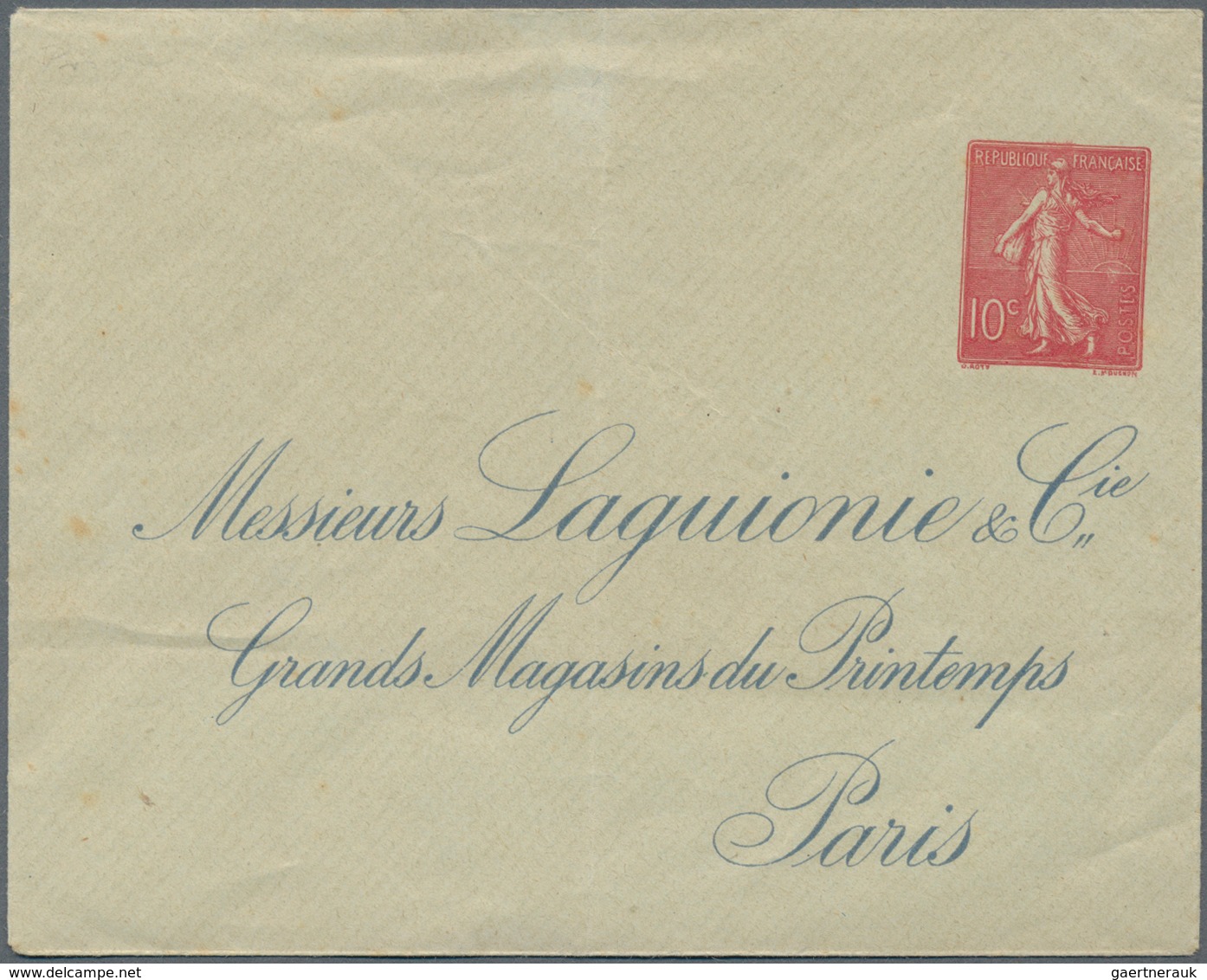 Frankreich - Ganzsachen: 1907/1920. Private Envelope 10c Semeuse Lignée "Laguionie Et Cie, Paris". U - Andere & Zonder Classificatie