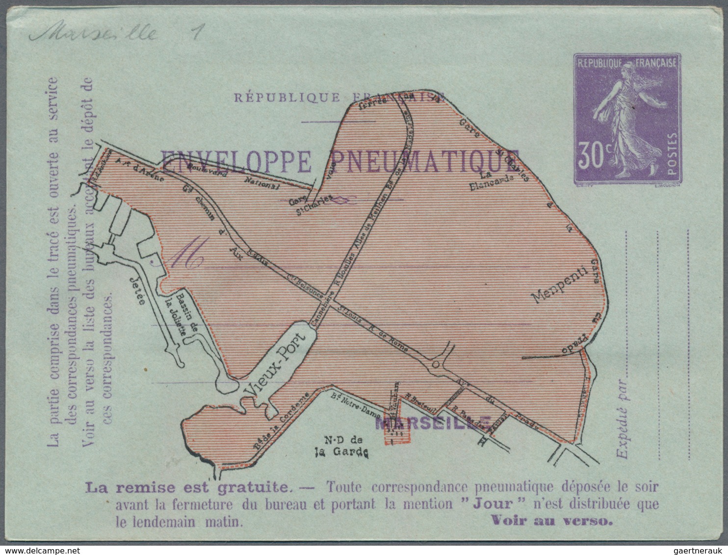 Frankreich - Ganzsachen: 1910, 30c Violet On Postal Stationery Cover For Pneumatic Post In Marseille - Sonstige & Ohne Zuordnung