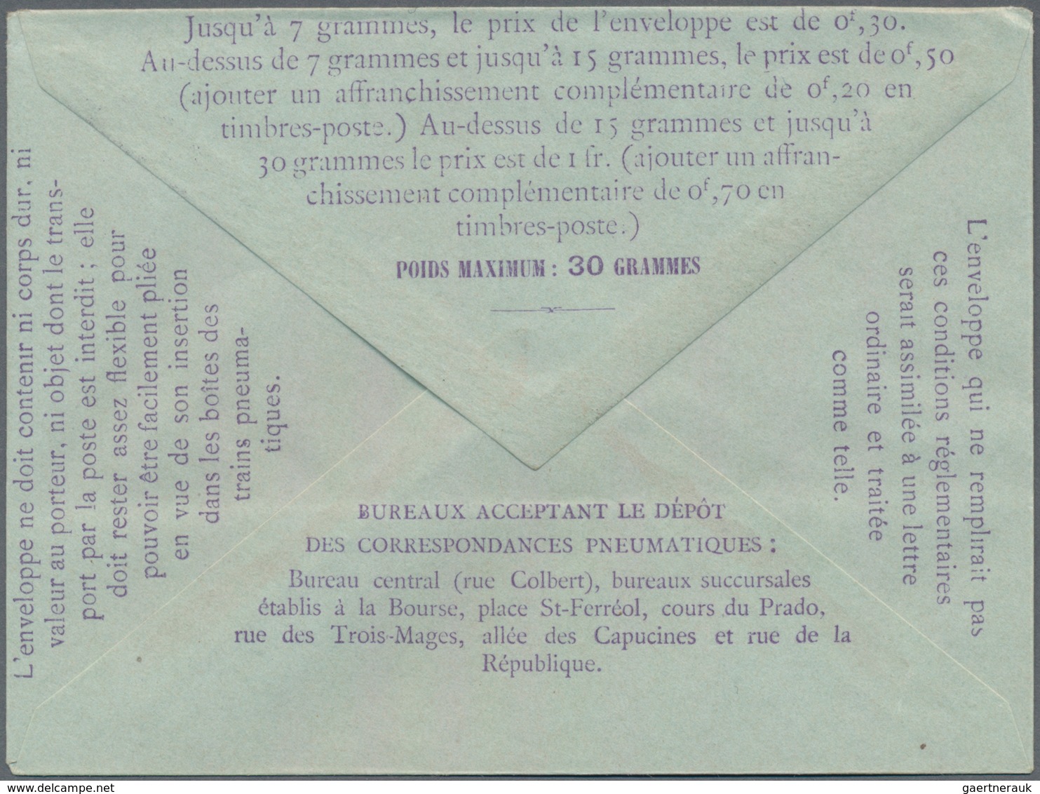 Frankreich - Ganzsachen: 1910, 30c Violet On Postal Stationery Cover For Pneumatic Post In Marseille - Andere & Zonder Classificatie