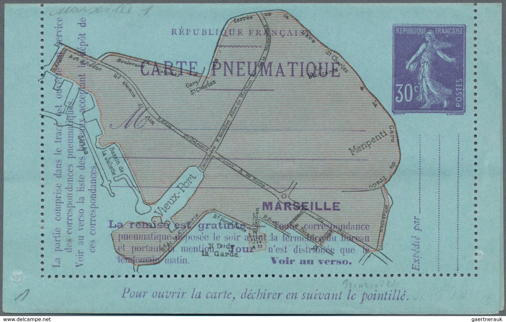 Frankreich - Ganzsachen: 1910, 30c Violet On Postal Stationery Letter Card For Pneumatic Post In Mar - Other & Unclassified