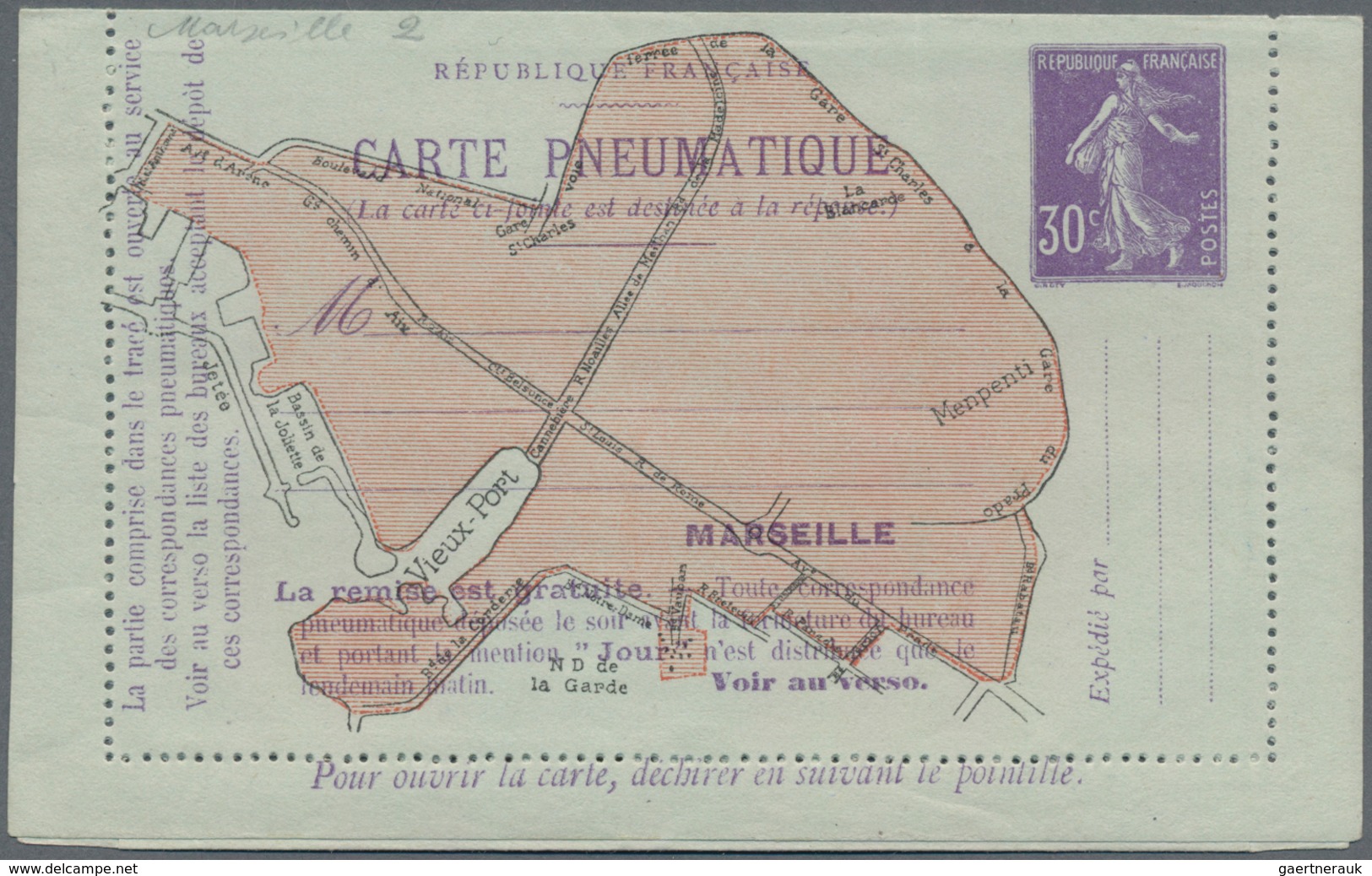 Frankreich - Ganzsachen: 1910, 30c Violet On Postal Stationery Letter Card For Pneumatic Post In Mar - Andere & Zonder Classificatie