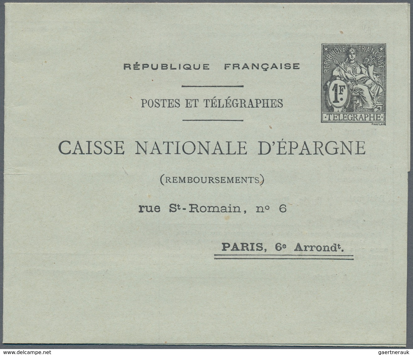 Frankreich - Ganzsachen: 1921/1931, 1 F Black "Postes Et Télégraphes" Postal Stationery Folded Lette - Andere & Zonder Classificatie