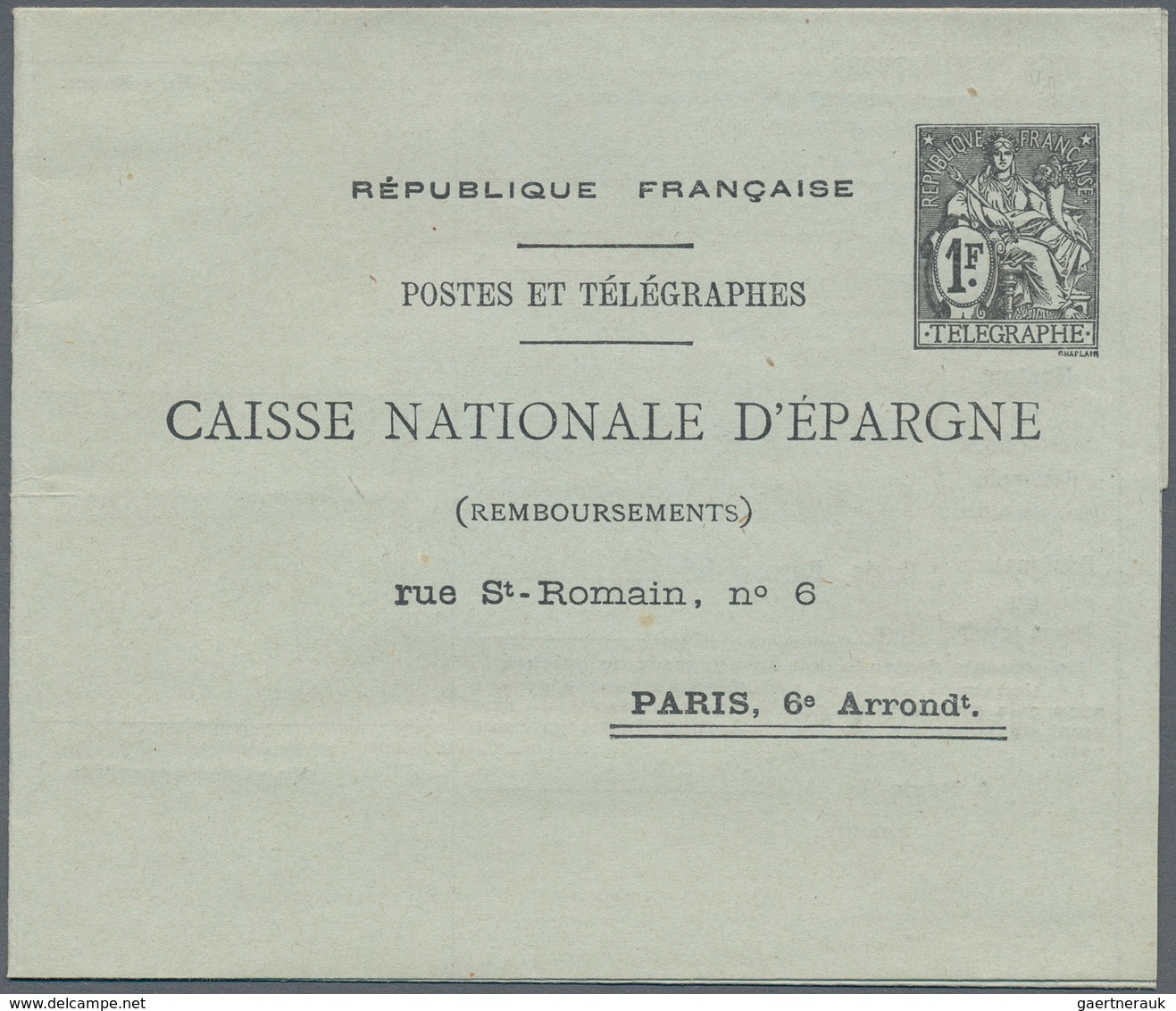 Frankreich - Ganzsachen: 1921/1931, 1 F Black "Postes Et Télégraphes" Postal Stationery Folded Lette - Sonstige & Ohne Zuordnung