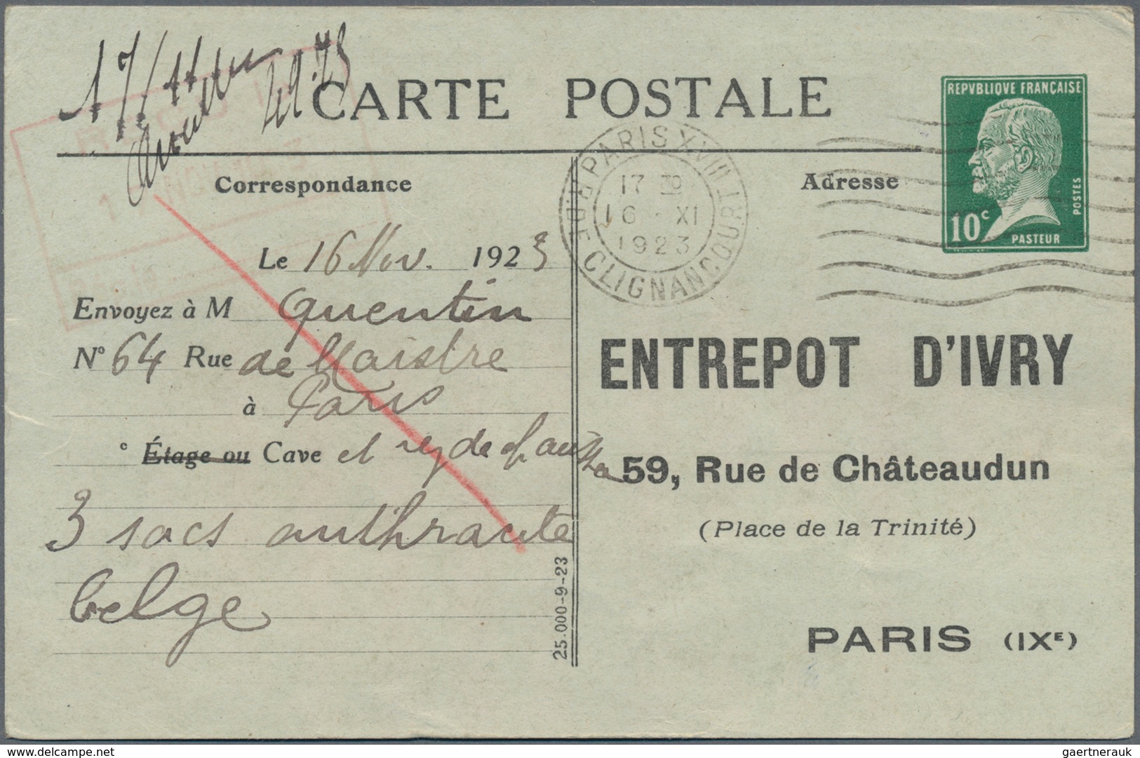 Frankreich - Ganzsachen: 1923. Postcard 10c Pasteur "Entrepot D'Ivry". Used "Paris 16.11.1923". (Sto - Sonstige & Ohne Zuordnung