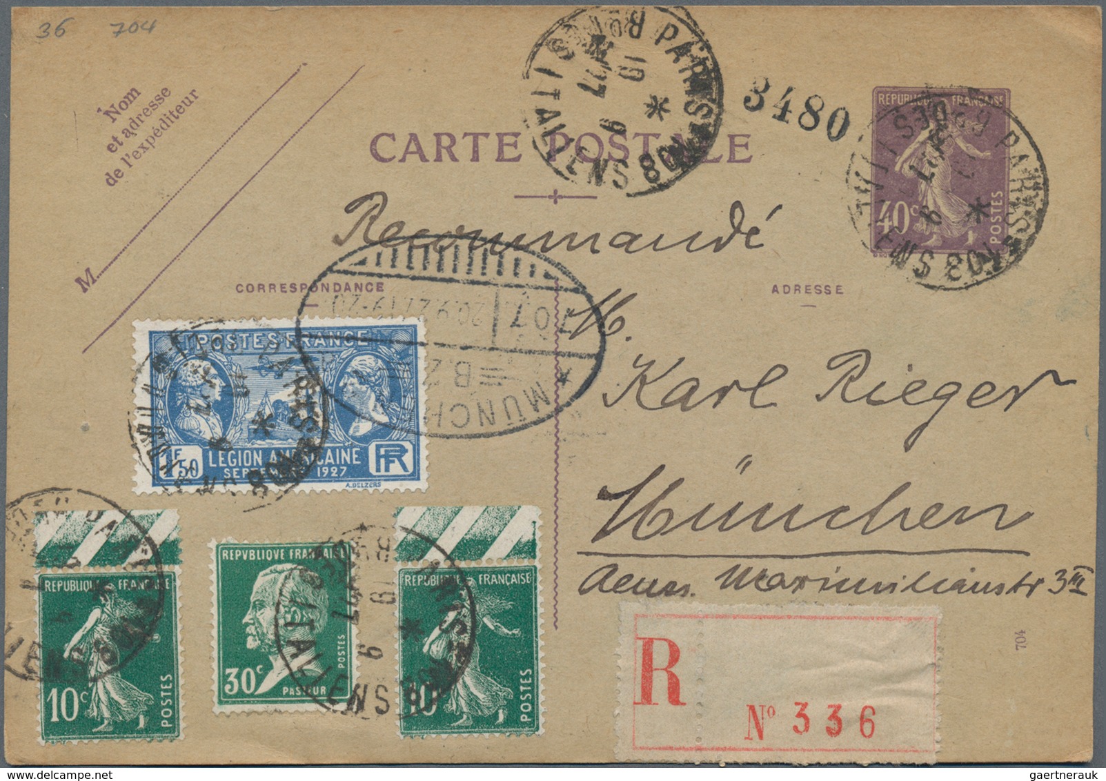 Frankreich - Ganzsachen: 1927, 40c Violet With Additional Franking As Registered Postcart From Paris - Sonstige & Ohne Zuordnung