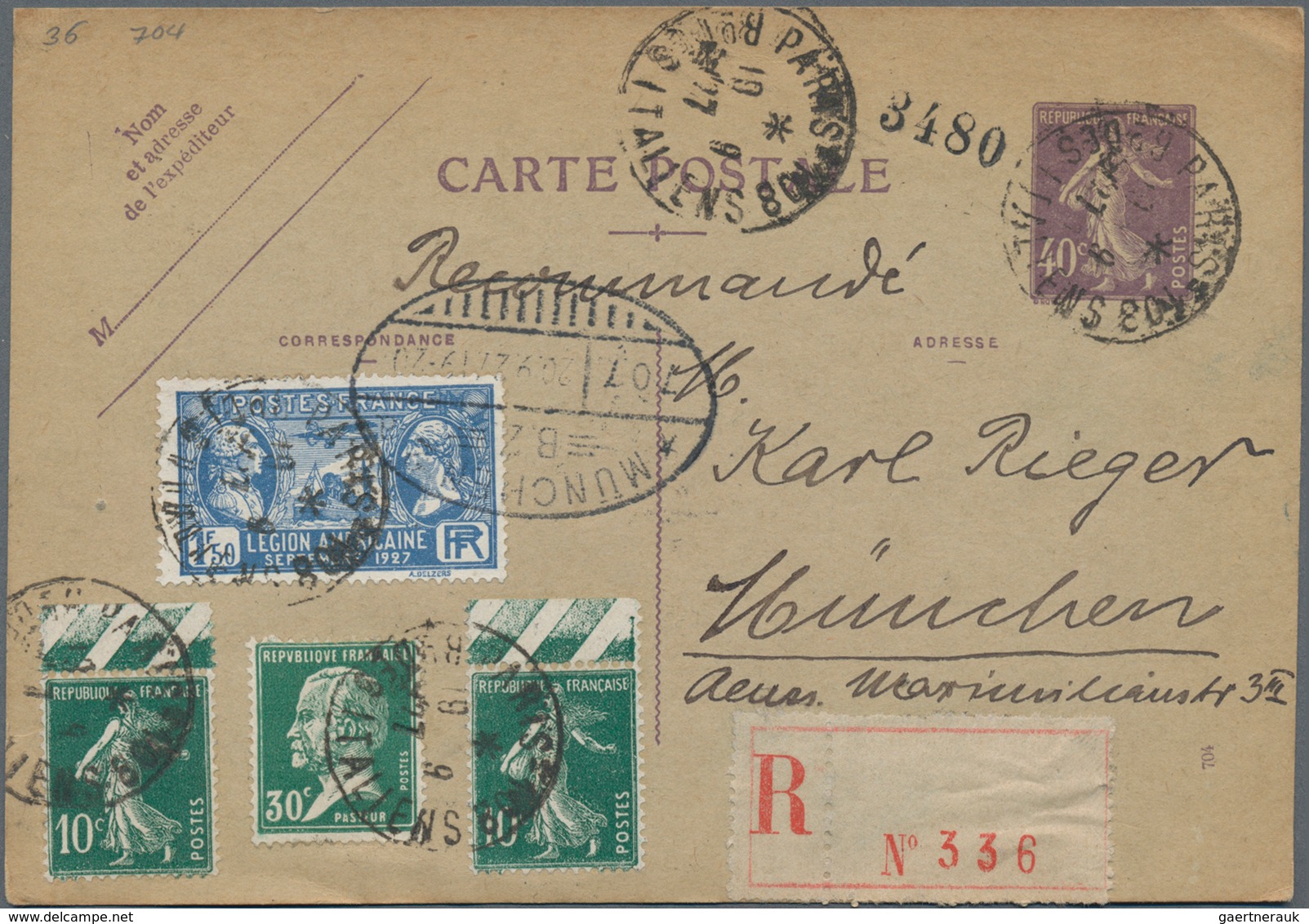 Frankreich - Ganzsachen: 1927, 40c Violet With Additional Franking As Registered Postcart From Paris - Other & Unclassified