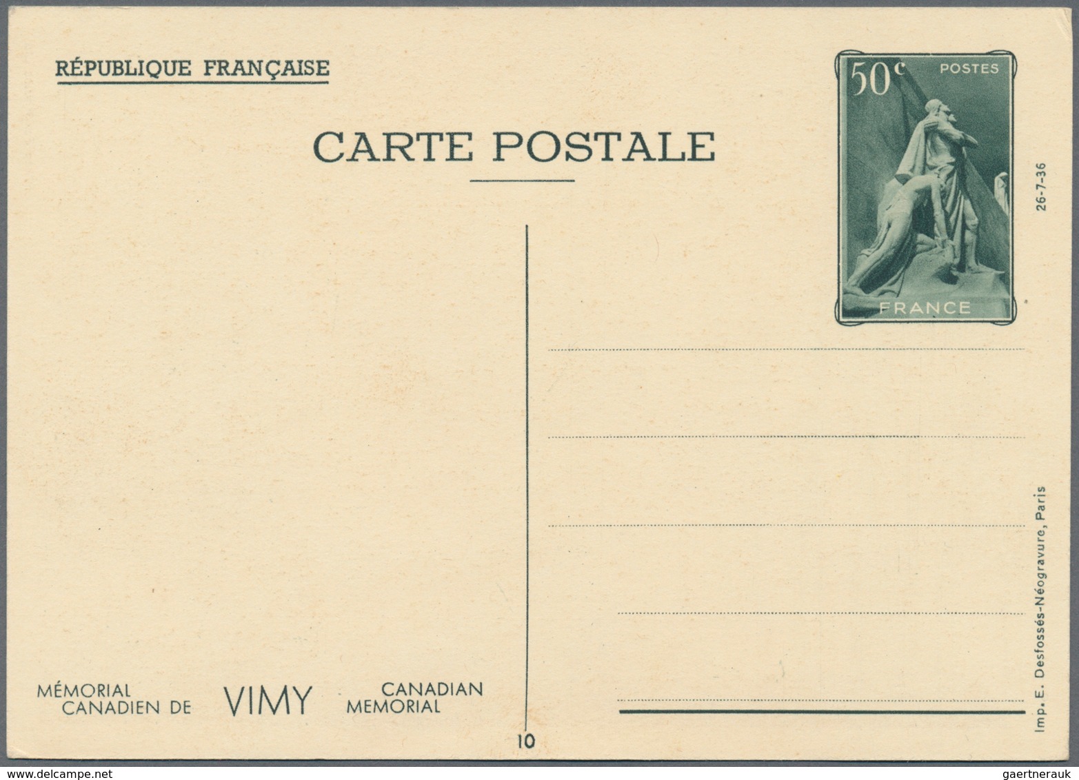 Frankreich - Ganzsachen: 1938, 50 C Vimy postal stationery picture postcards, complete set of 10 ite