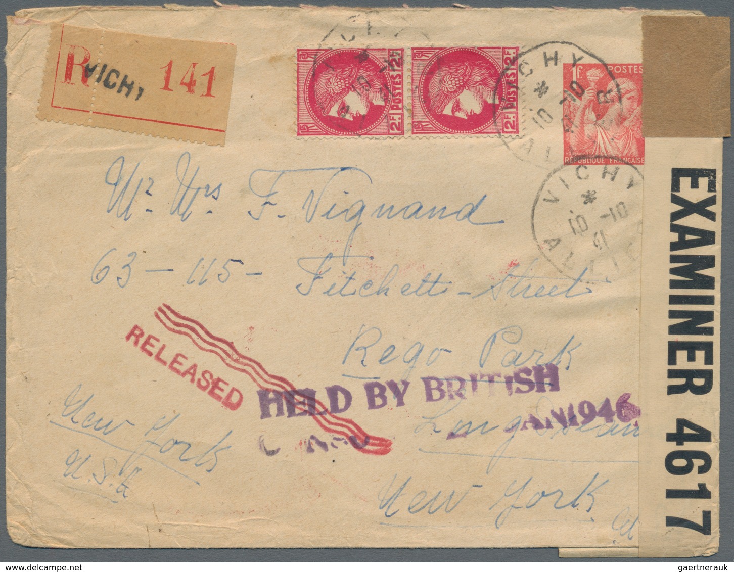 Frankreich - Ganzsachen: 1941, INTERCEPTED MAIL, 1 F Red "Iris" Pse, Uprated With 2 X 2 F Rose-carmi - Sonstige & Ohne Zuordnung