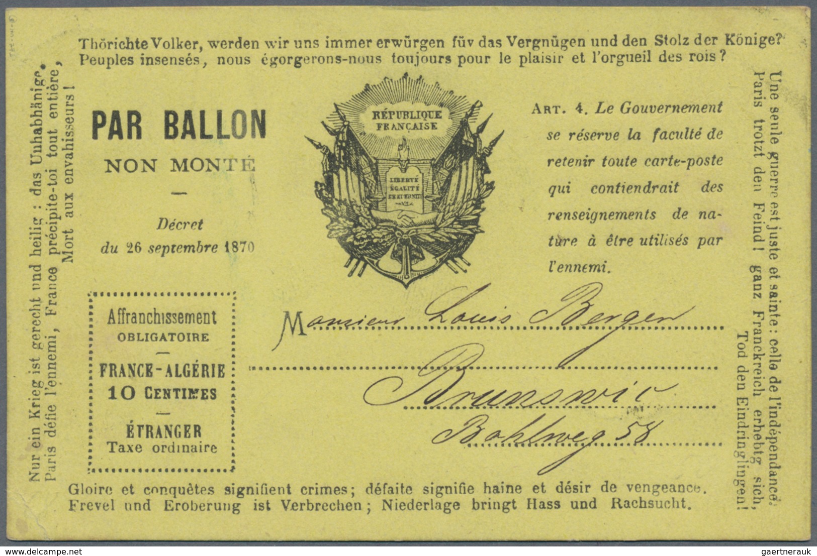 Frankreich - Ballonpost: 1872 THE ONLY KNOWN POSTALLY USED EXAMPLE OF THE PROPAGANDA "PAR BALLON MON - 1960-.... Brieven & Documenten