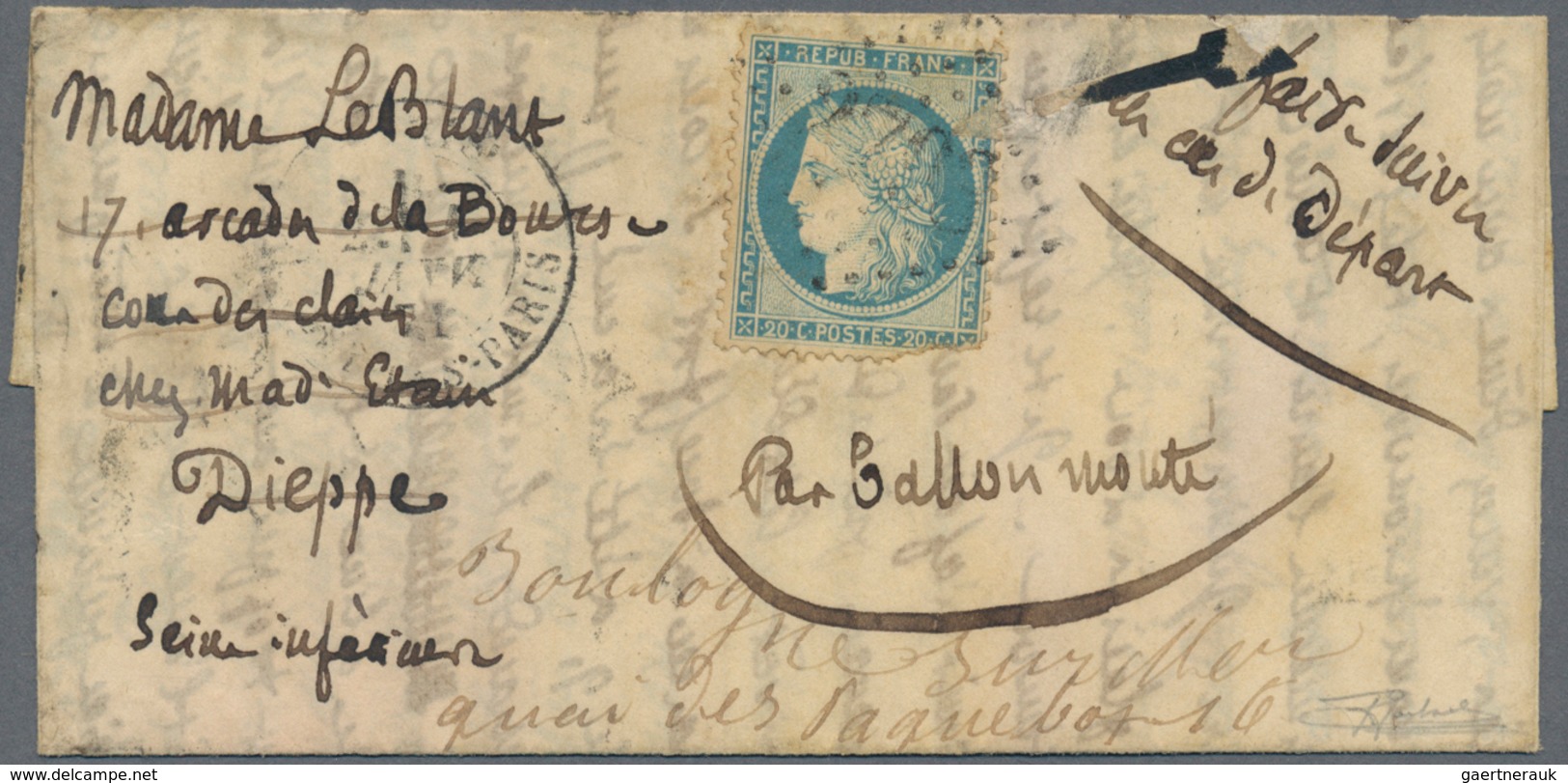 Frankreich - Ballonpost: 1871, "Per Ballon Monte" Handwritten On Folded Letter With 20 C Ceres (defe - 1960-.... Briefe & Dokumente