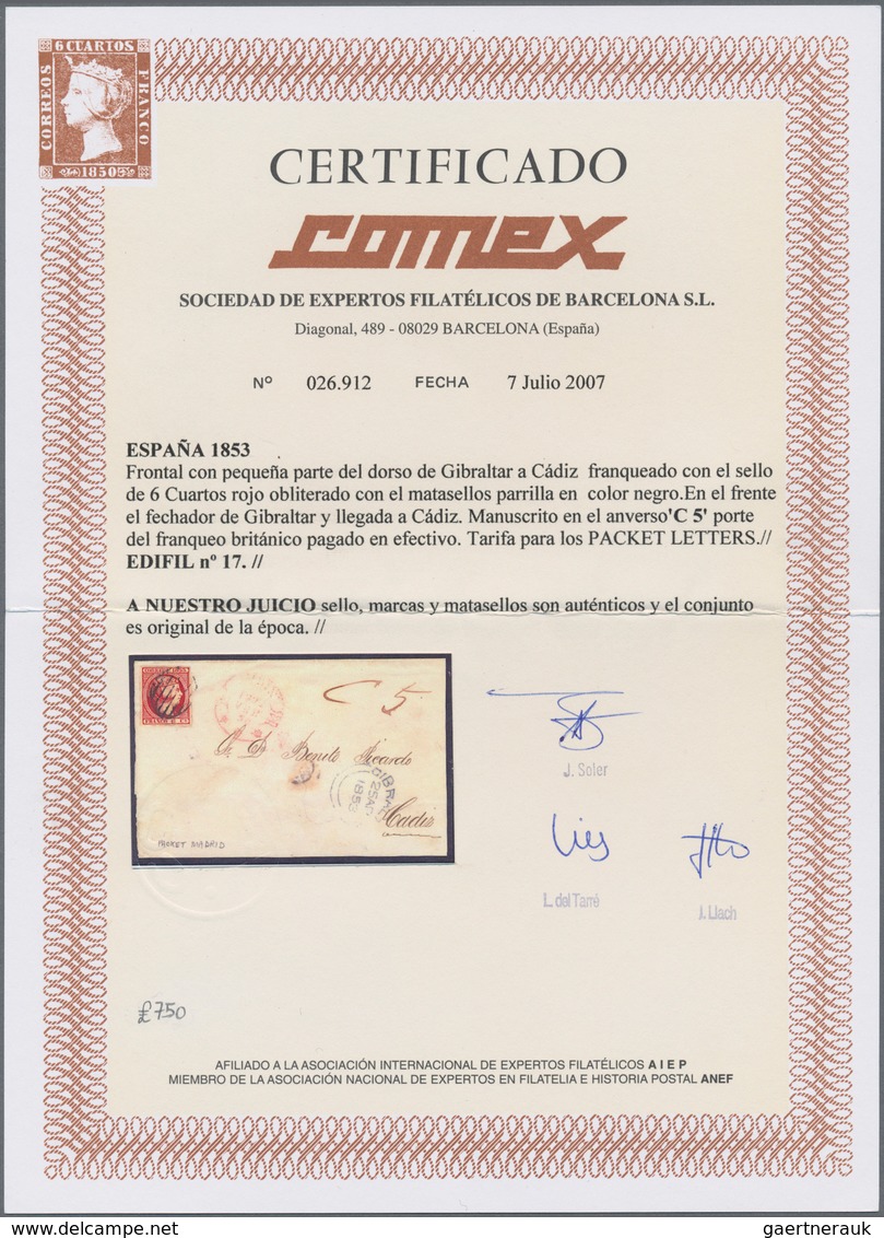 Gibraltar: 1853. Letter From GIBRALTAR To ALMERIA Franked With SPANISH 6 Cuartos Red "Isabel II" Tie - Gibraltar