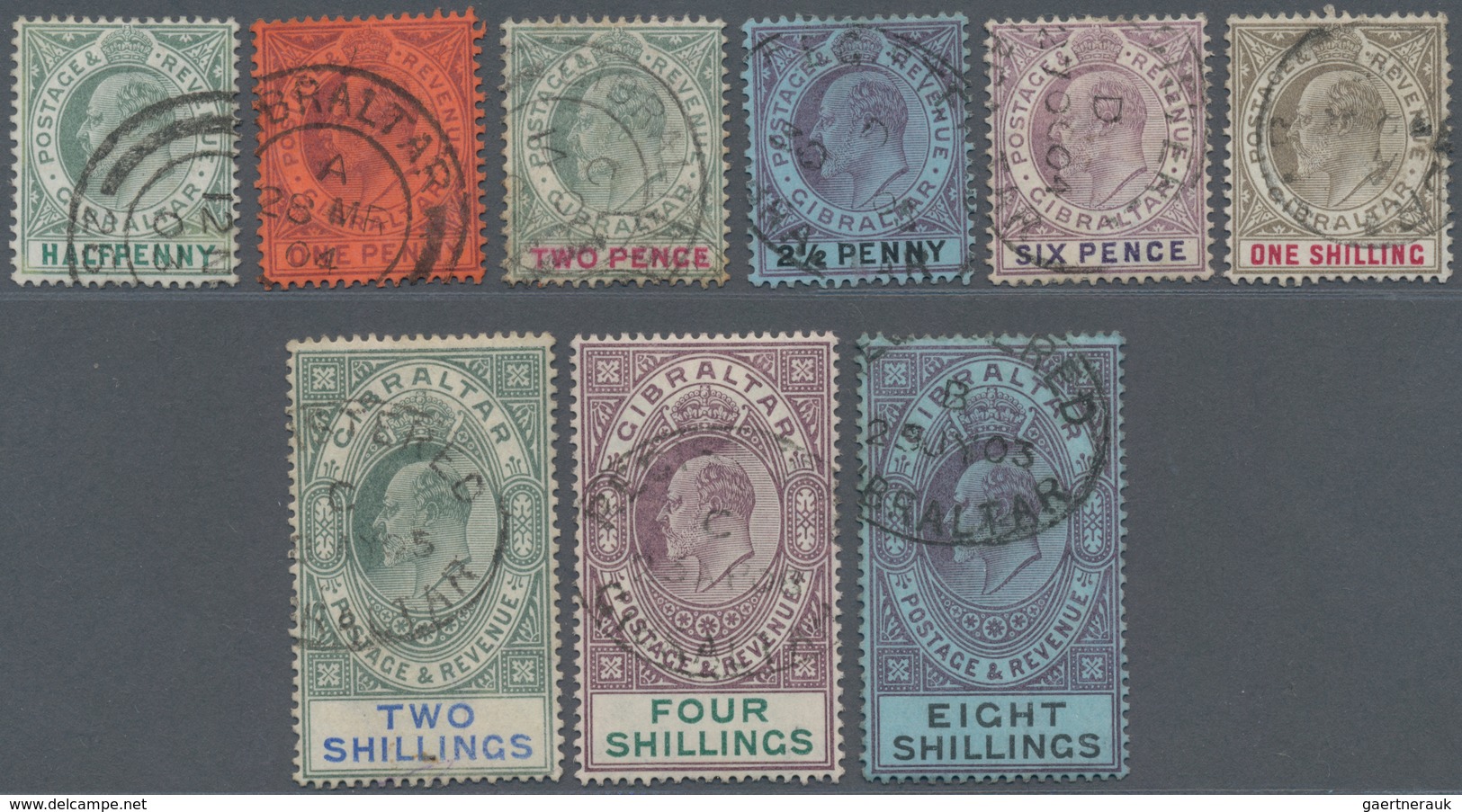 Gibraltar: 1903 KEVII. Short Set Of Nine Up To 8s., All Used, The Top Values Canclled By Gibraltar R - Gibraltar
