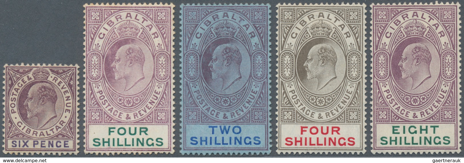 Gibraltar: 1903/1907. Edvard VII, Five Mint Values, 6d, 4s Purple And Green, 2s Pruple And Blue On B - Gibraltar