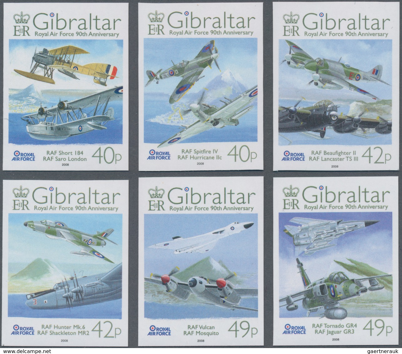 Gibraltar: 2008. Complete Set "90 Years Royal Air Force" (6 Values) In IMPERFORATE Single Stamps Sho - Gibraltar