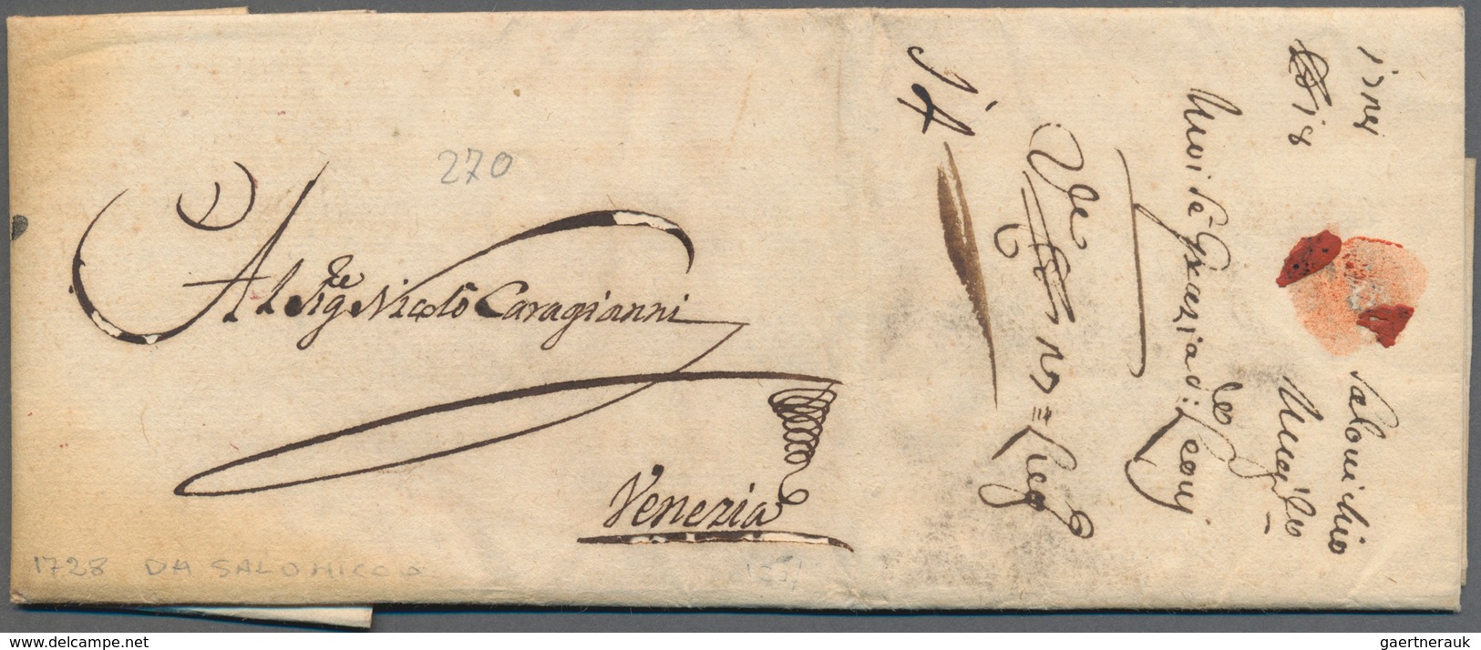 Griechenland - Vorphilatelie: 1728, Unusually Early Letter From SALONIKI To Venezia With Complete Te - ...-1861 Préphilatélie