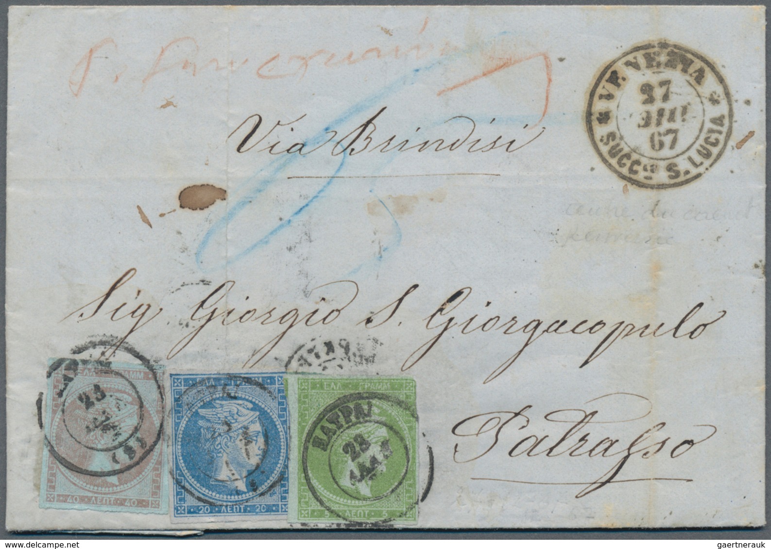 Griechenland: 1867, 5 L Green, 20 L Blue And 40 L Violet Afterfranking On Folded Letter From Venezia - Brieven En Documenten