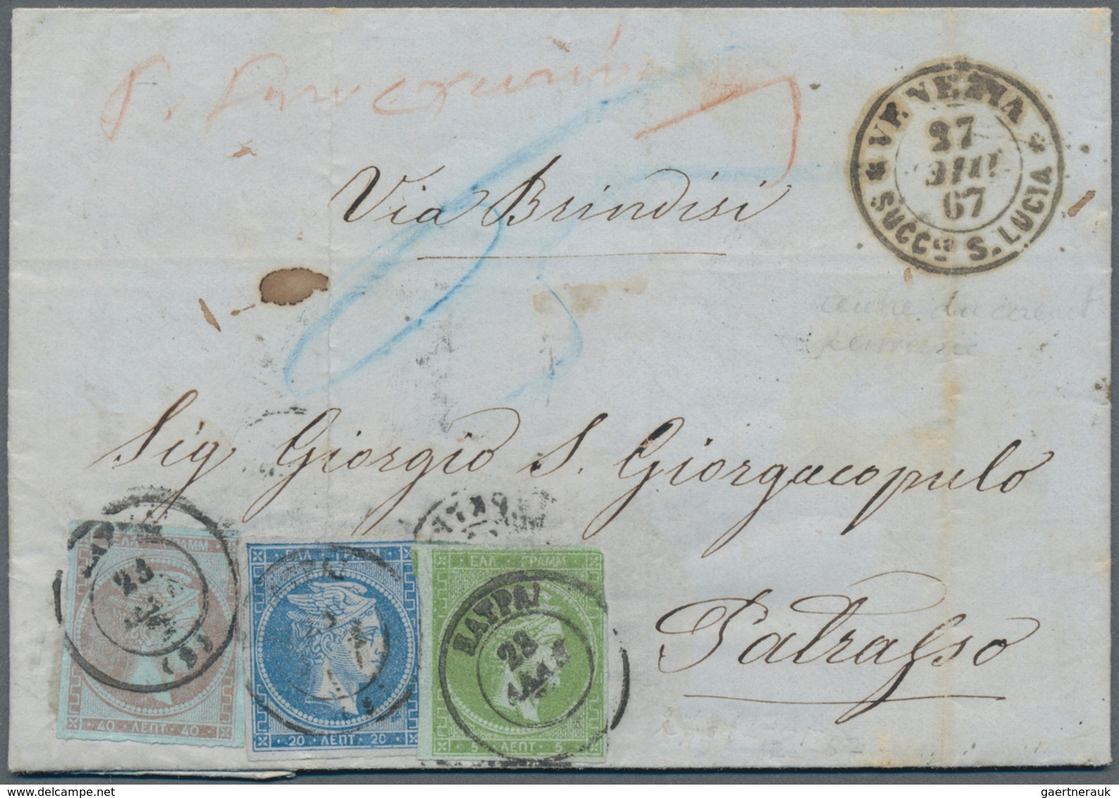 Griechenland: 1867, 5 L Green, 20 L Blue And 40 L Violet Afterfranking On Folded Letter From Venezia - Covers & Documents