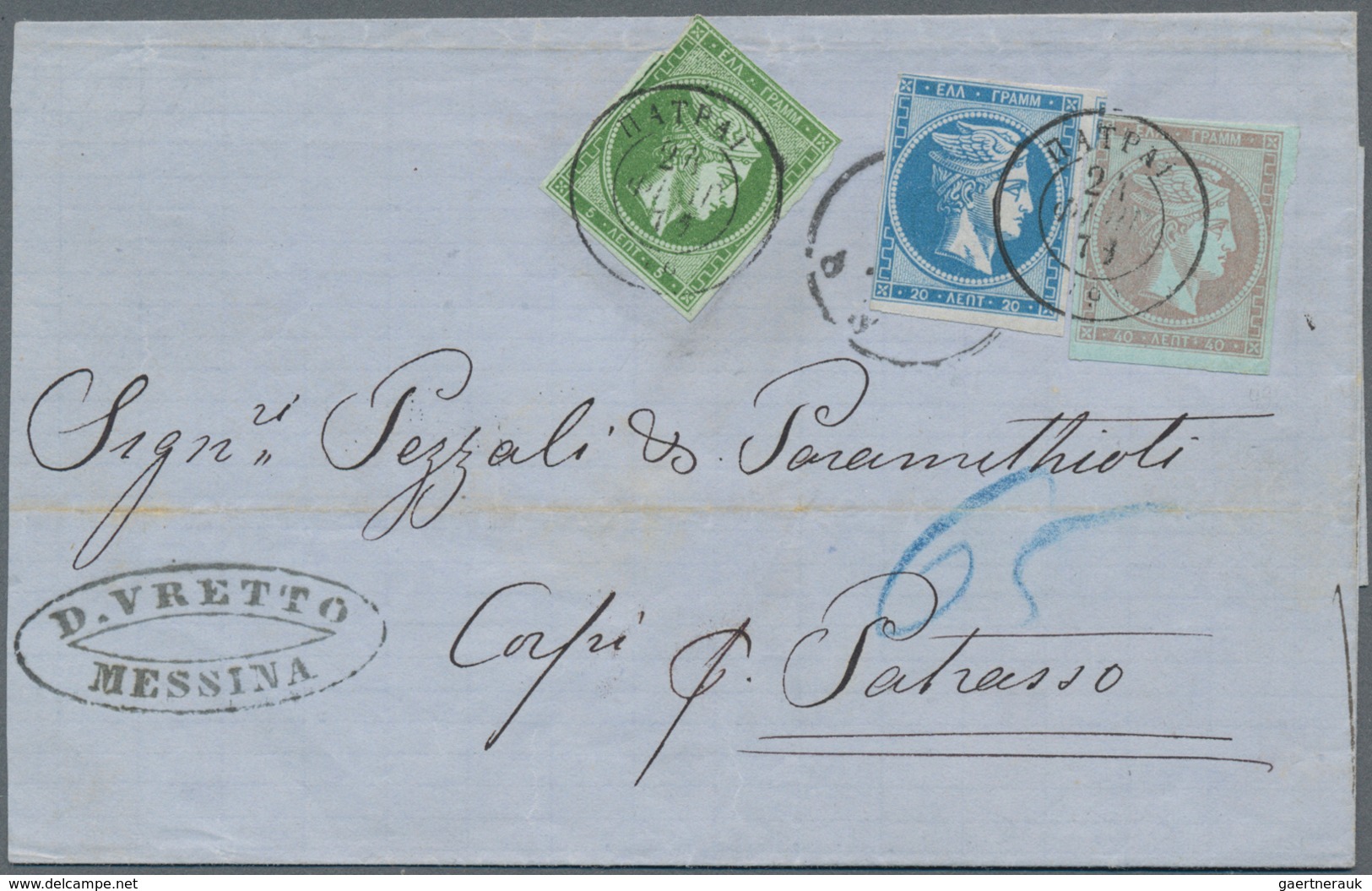 Griechenland: 1871, Hermes 5 L Green, 20 L Blue And 40 L Violet Afterfranking On Folded Letter From - Brieven En Documenten