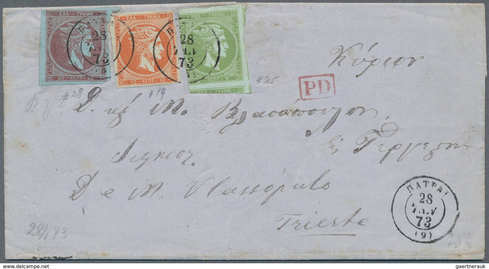 Griechenland: 1873, 5 L Green, 10 L Red And 40 L Violet Mixed Franking On Folded Letter From Patras - Brieven En Documenten