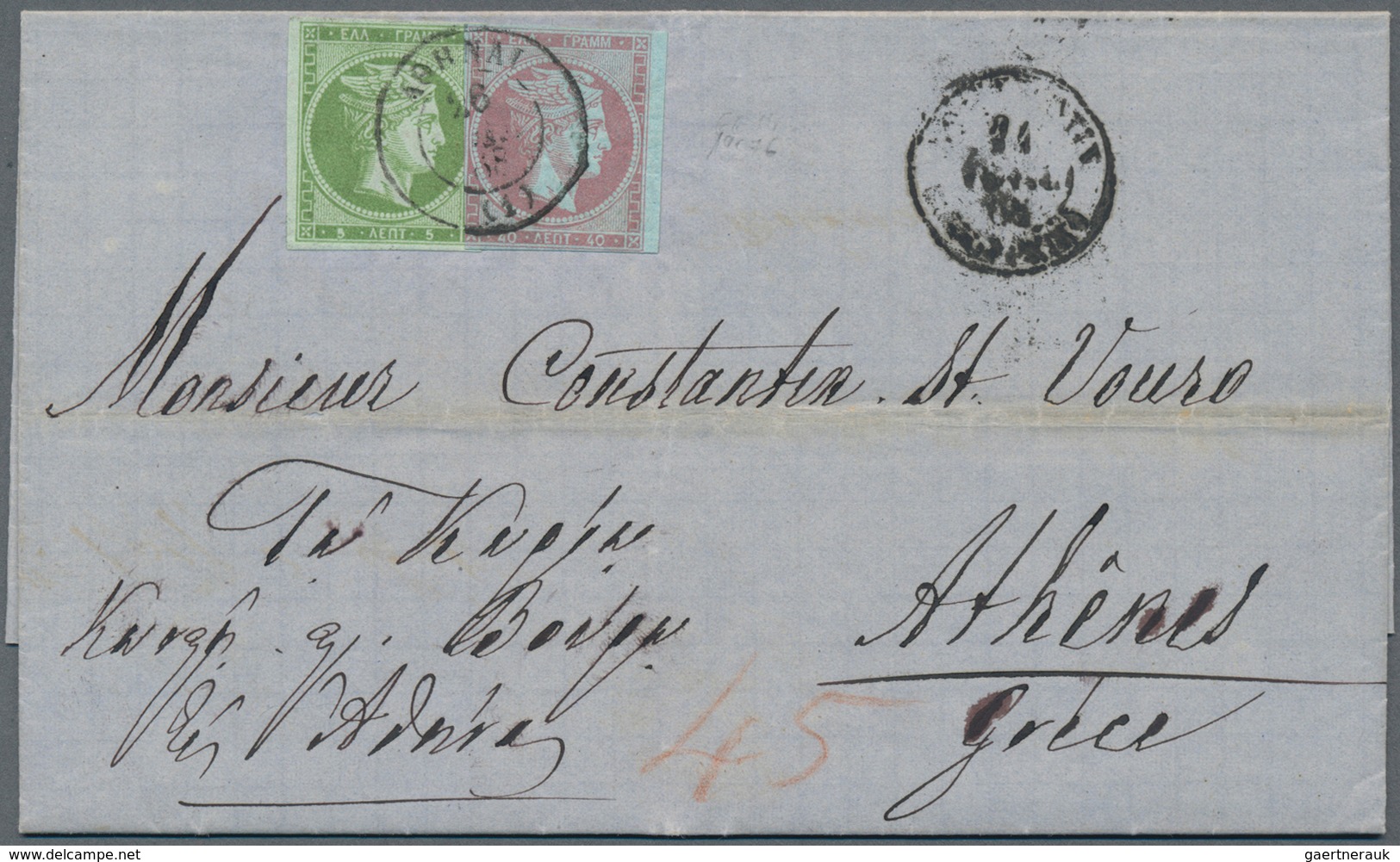 Griechenland: 1868, 5 L Green And 40 L Violet On Folded Letter From Constantinople To Athen. - Brieven En Documenten