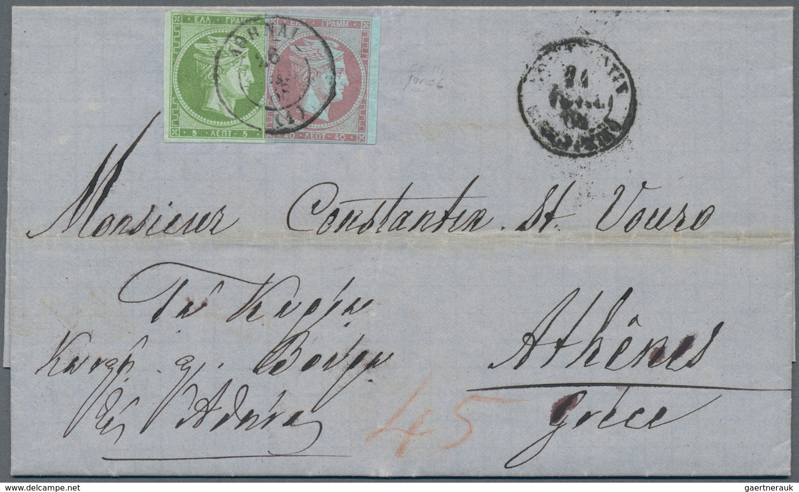 Griechenland: 1868, 5 L Green And 40 L Violet On Folded Letter From Constantinople To Athen. - Briefe U. Dokumente