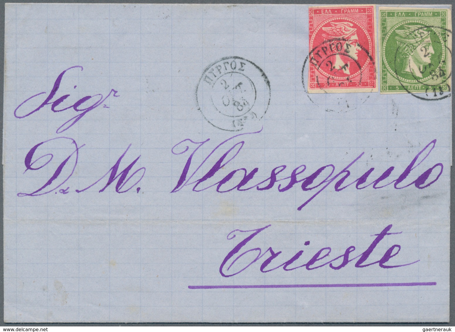 Griechenland: 1878/1884, Interesting Folded Letter Pair With 10 L And 20 L From Patras To Triest And - Brieven En Documenten