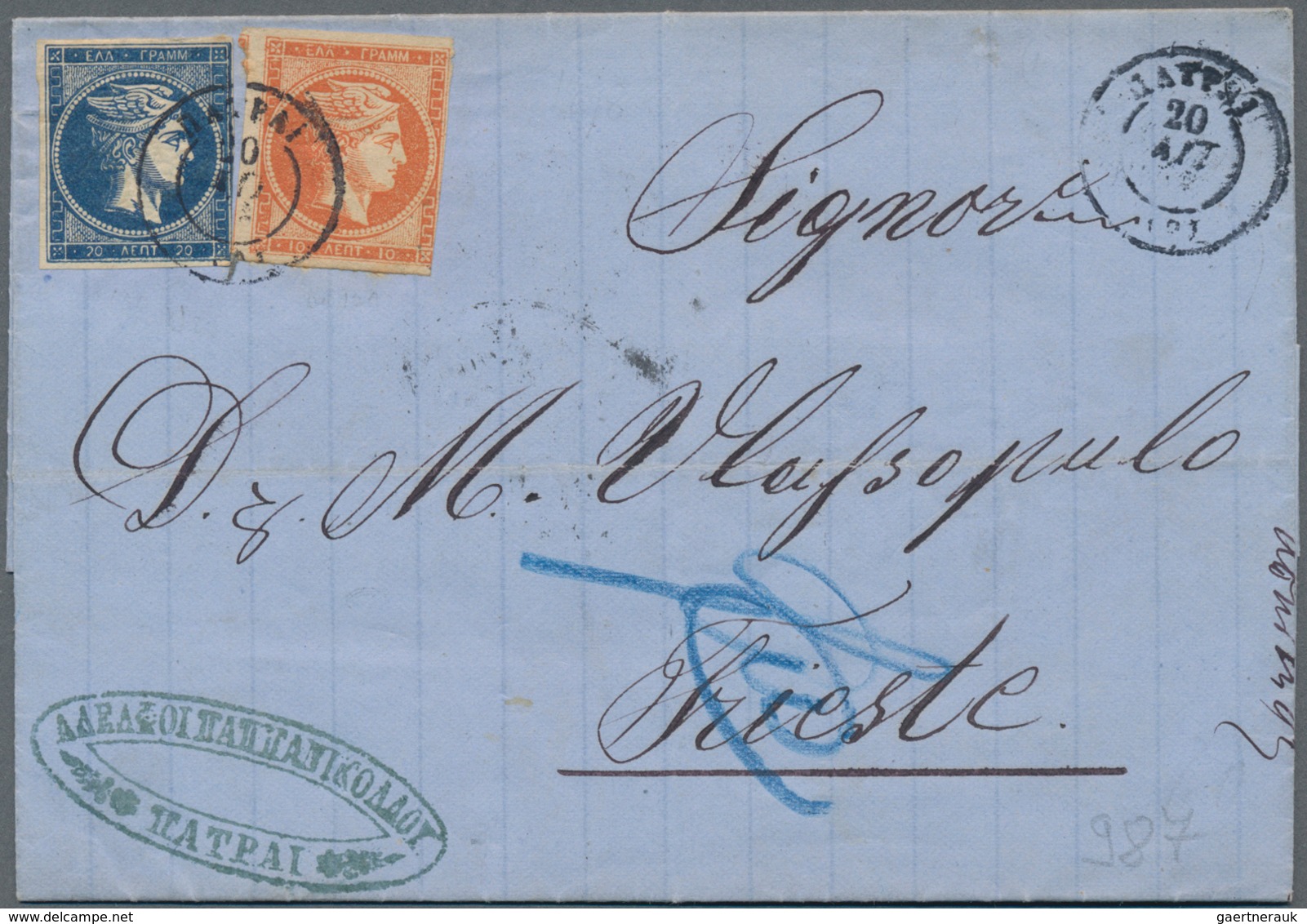 Griechenland: 1878/1884, Interesting Folded Letter Pair With 10 L And 20 L From Patras To Triest And - Briefe U. Dokumente