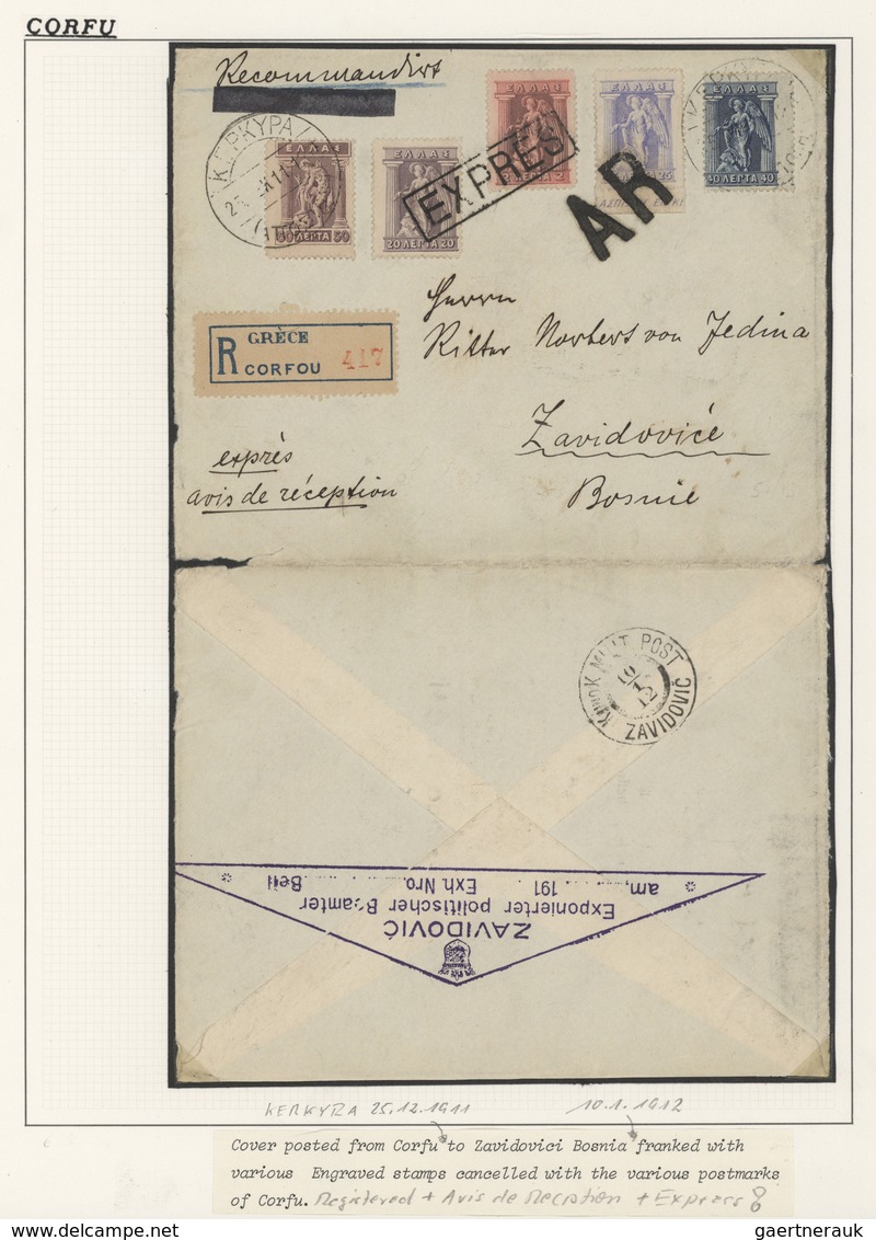 Griechenland: 1911, Attractive Franking On Registered Express Avis De Reception Letter From "CORFOU - Covers & Documents
