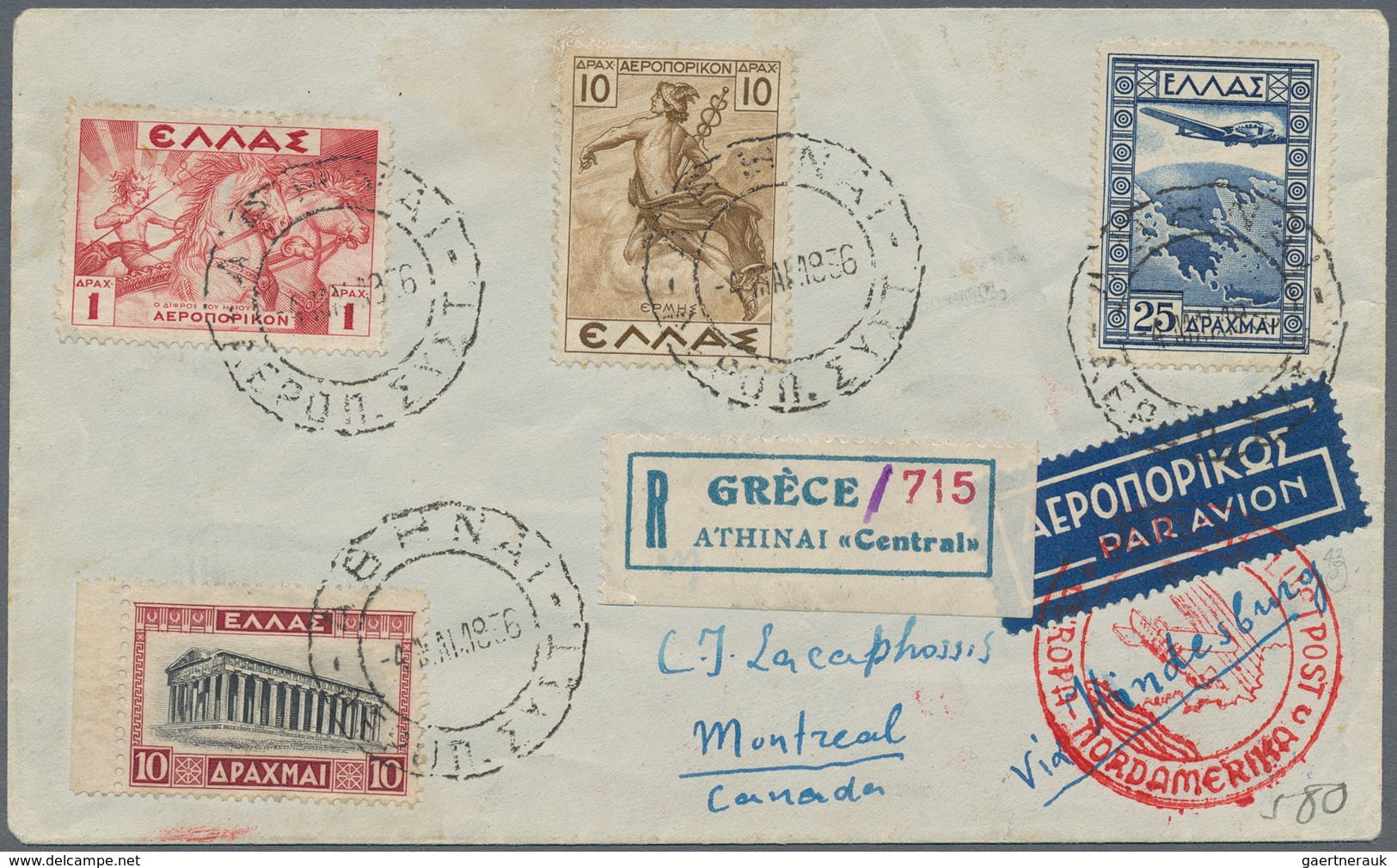 Griechenland: 1936, 1. Nordamerikafahrt 1936, R-Brief Ab Athen 4.5. Mit Beidseitiger Bunter MiF Nach - Brieven En Documenten