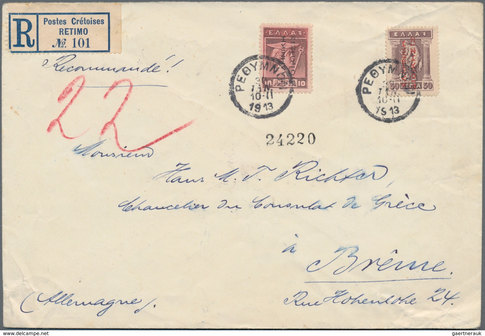 Griechenland - Griechische Besetzung Türkei: 1913, Registered Cover Tied By "RETIMNON 30/JAN 1913" C - Smyrna & Klein-Azië