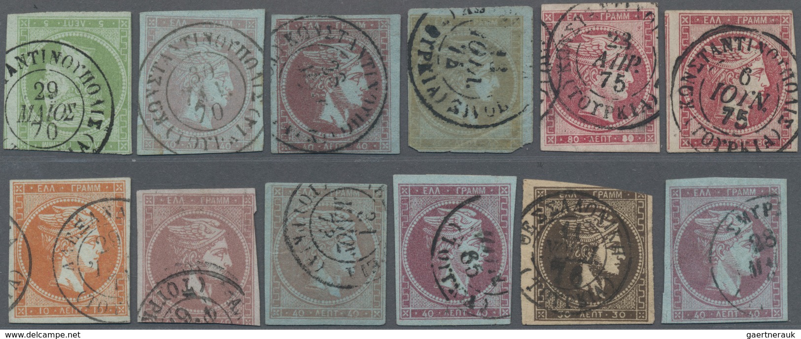 Griechenland - Stempel: 1865/1877, Greek Post Offices Abroad, Group With 12 Stamps, Comprising 'Herm - Marcophilie - EMA (Empreintes Machines)