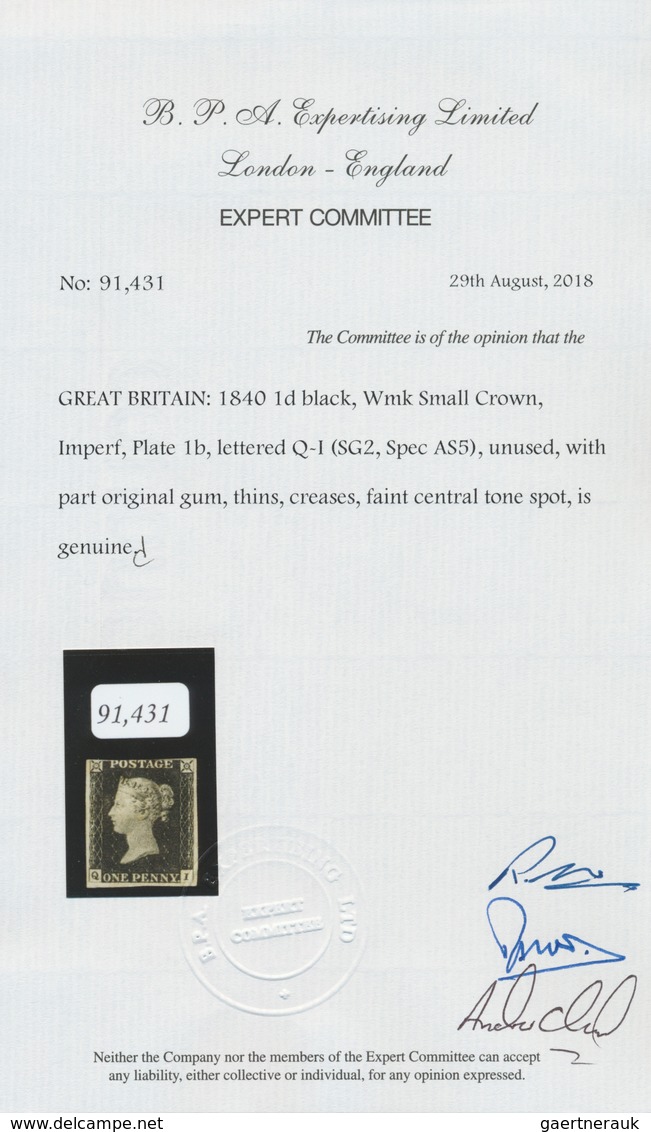 Großbritannien: 1840, 1 D. Black, Plate 1 B, QI, Fresh Colour And Wide Margins At Three Sides, Unuse - Sonstige & Ohne Zuordnung