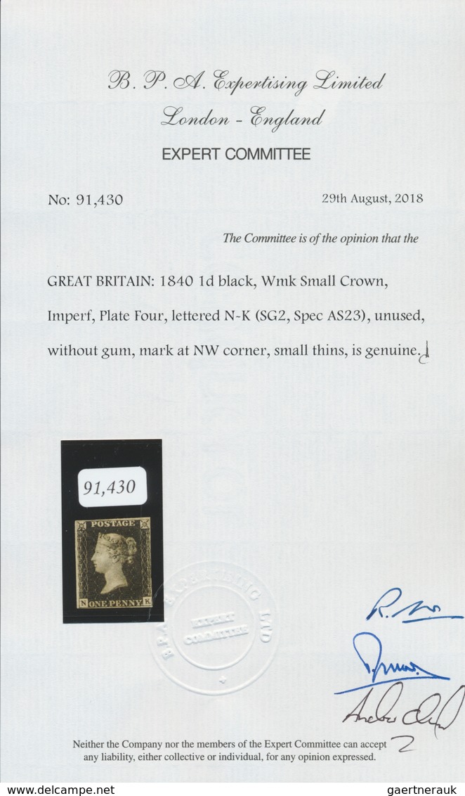 Großbritannien: 1840, 1 D. Black, Plate 4, NK, Good Margin On Three Sides, Unused Without Gum And Sm - Sonstige & Ohne Zuordnung