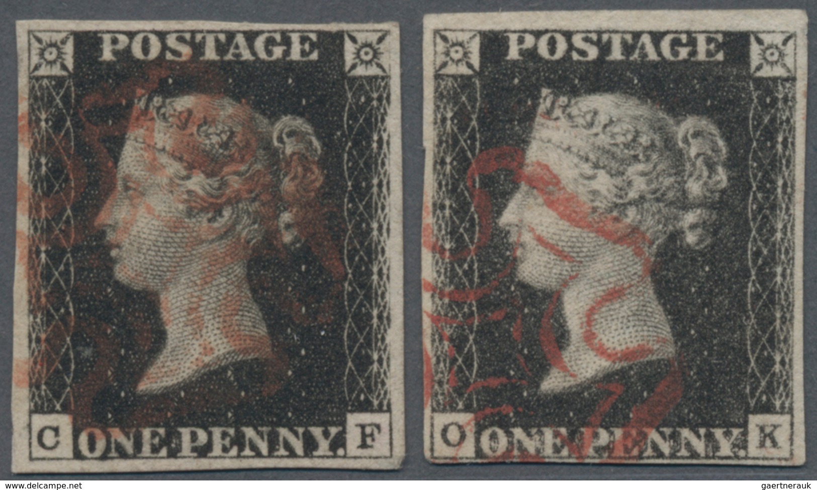 Großbritannien: 1840 Two Singles Of 1d. Black, One Lettered "C-F", The Other "O-K", Both Used And Ca - Sonstige & Ohne Zuordnung