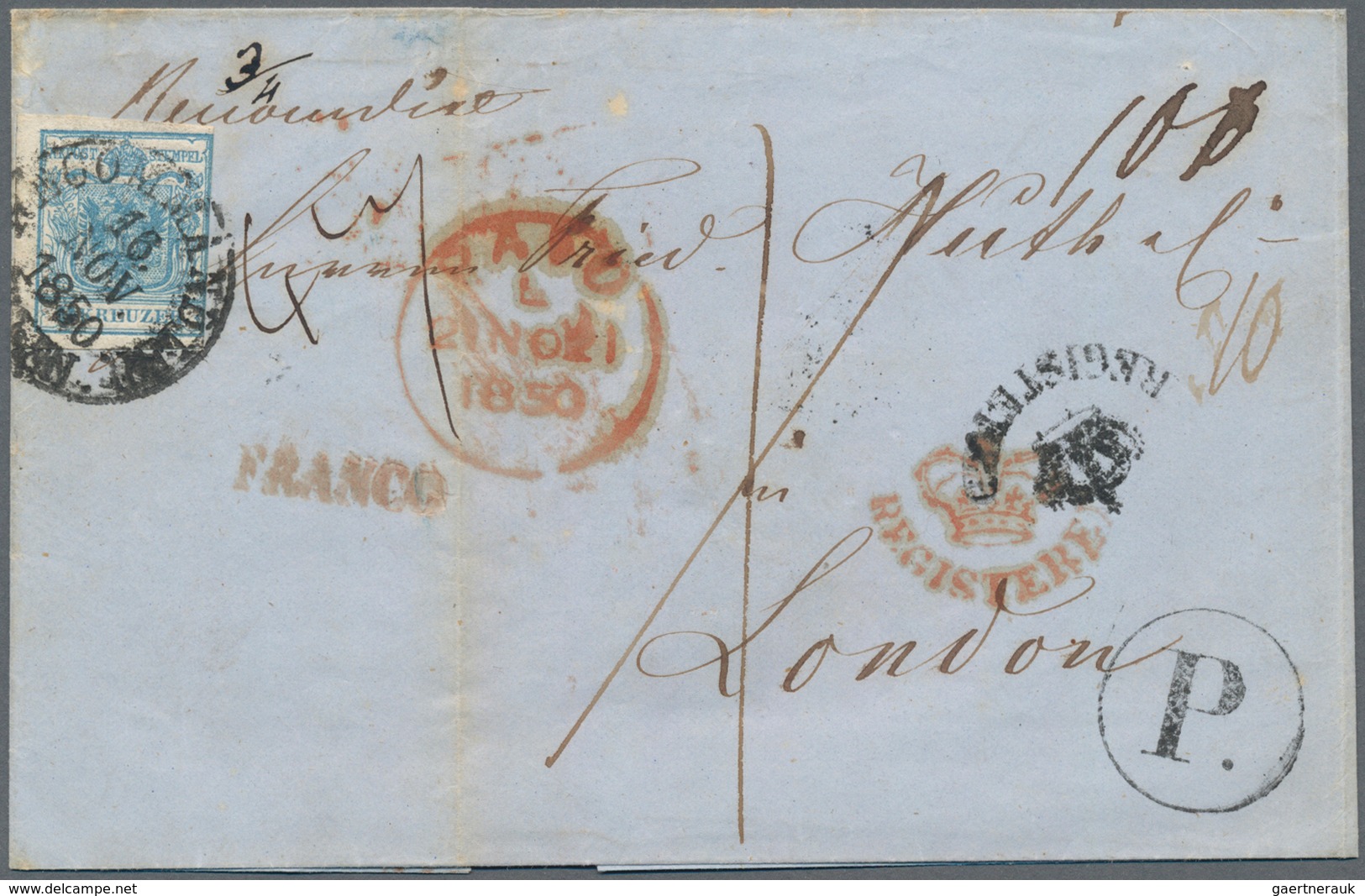 Großbritannien: 1850, VERY RARE GB REGISTERED INCOMING MAIL FROM AUSTRIA FRANKED WITH THE FIRST ISSU - Andere & Zonder Classificatie
