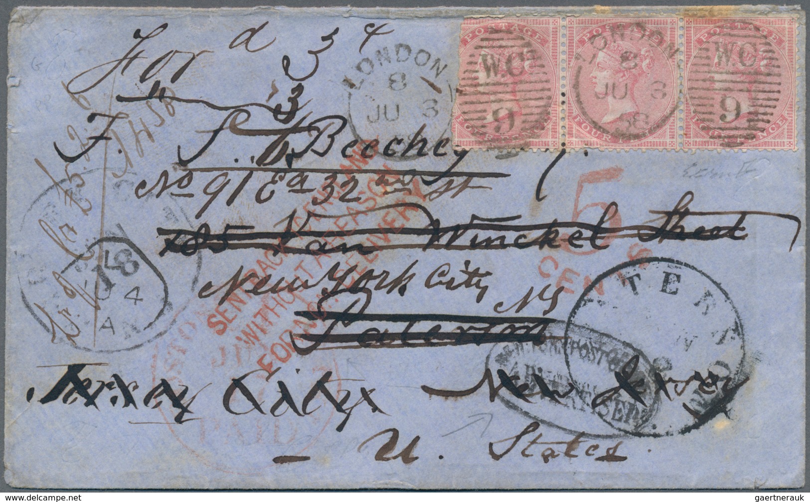 Großbritannien: 1856, 4c Carmine-red In Stripe Of Three Cancelled With "W.C. 9" On Cover From London - Andere & Zonder Classificatie