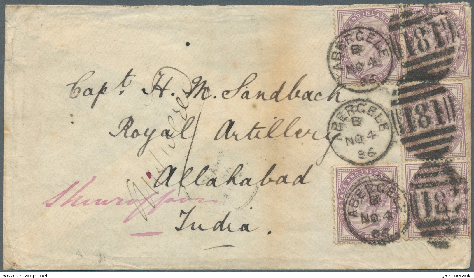Großbritannien: 1885-86 Two Covers From Abergele, Wales To Captain H.M. Sandback, Royal Artillery In - Sonstige & Ohne Zuordnung