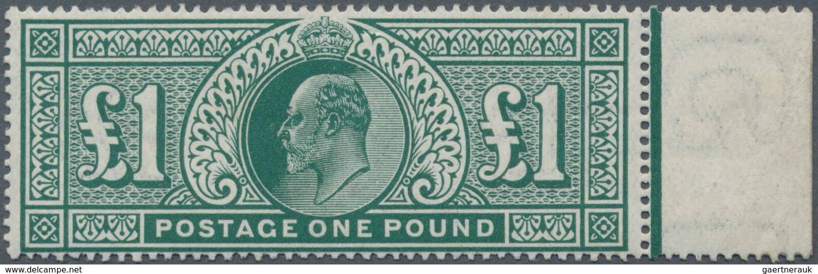 Großbritannien: 1902, 1 Pound Green, Mint Marginal Piece From Right Margin Of Sheet In Deep Color An - Sonstige & Ohne Zuordnung